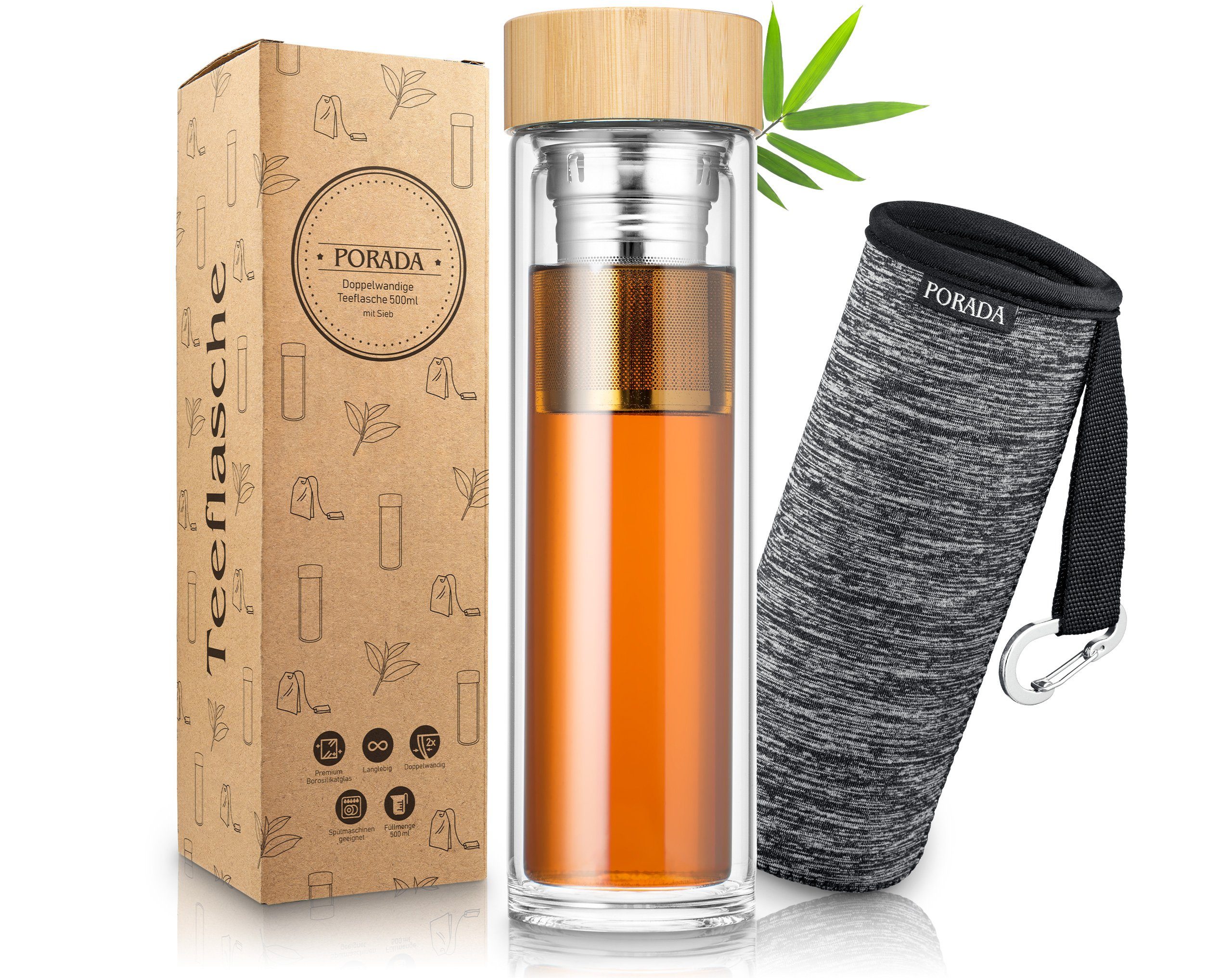 PORADA Trinkflasche Teeflasche Glas 500ml Sieb to go Trinkflasche Thermoskanne Teesieb, Handarbeit, platzsparend, wärmeisoliert, doppelwandig