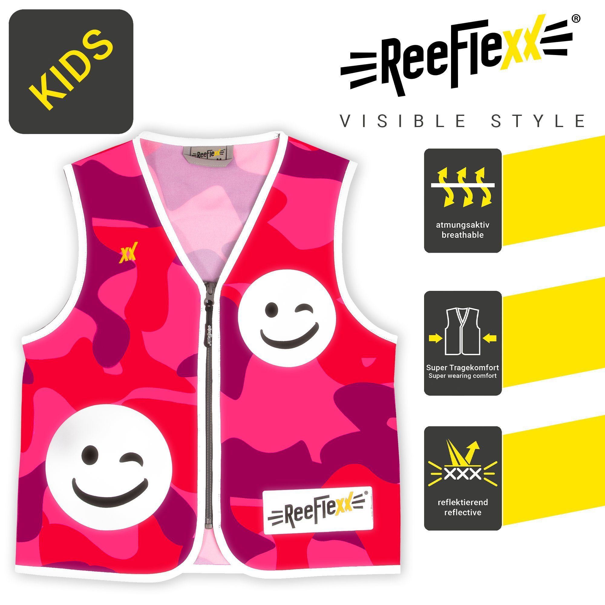 ReeFlexx Warnweste Pink Camou Smiley - Kinderwarnweste