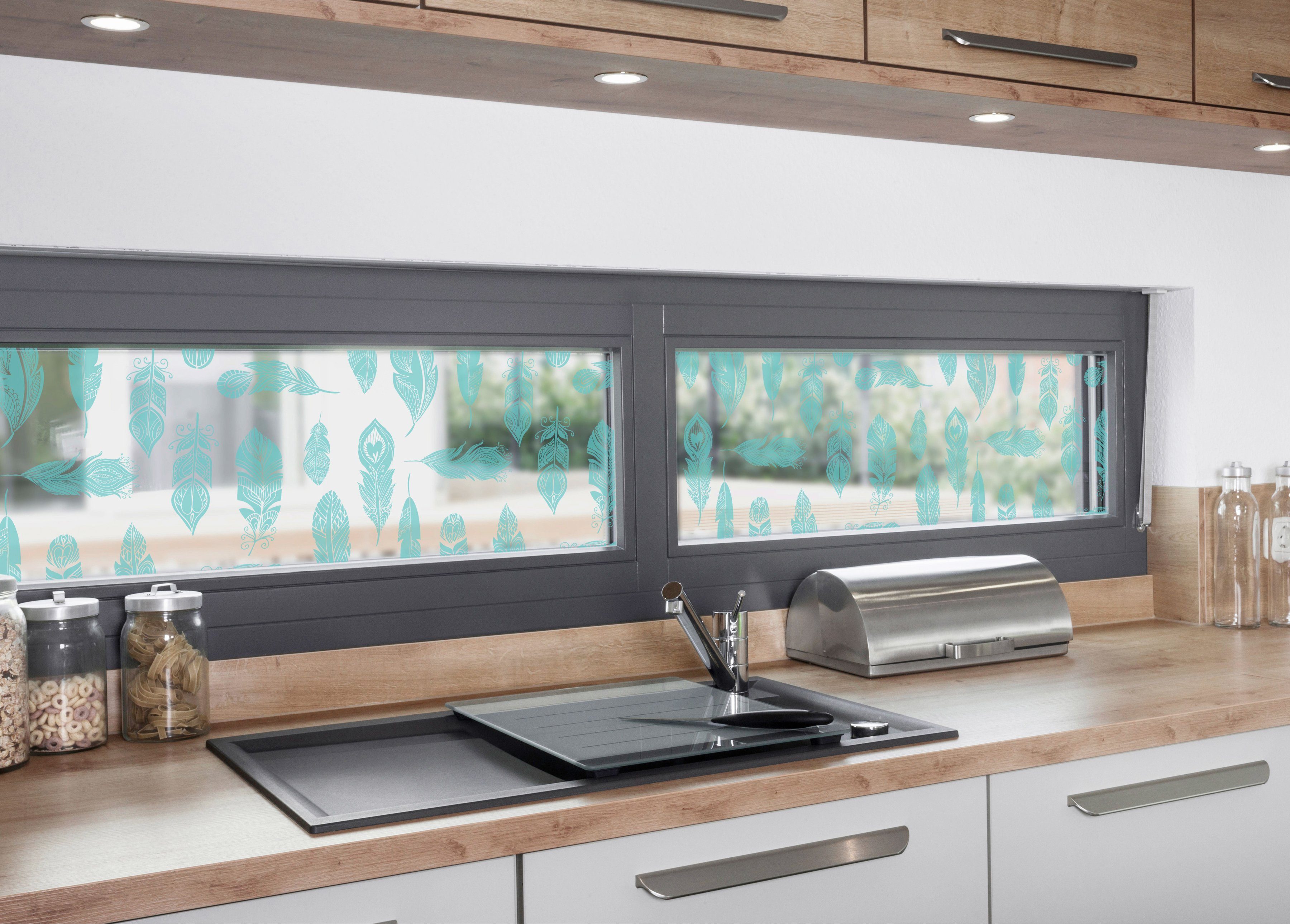 Fensterfolie Look Feathers turquois, MySpotti, halbtransparent, glatt, 200 x 30 cm, statisch haftend