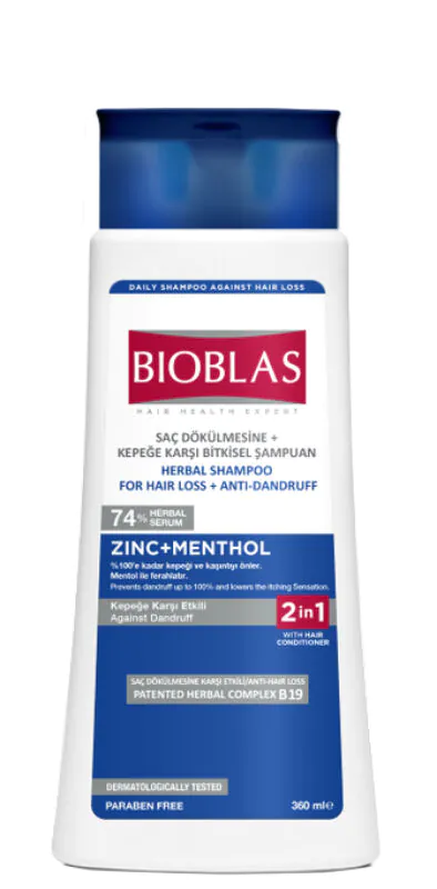 Bioblas žolelių šampūnas nuo plaukų slinkimo su cinko ir mentolio kondicionieriumi nuo pleiskanų