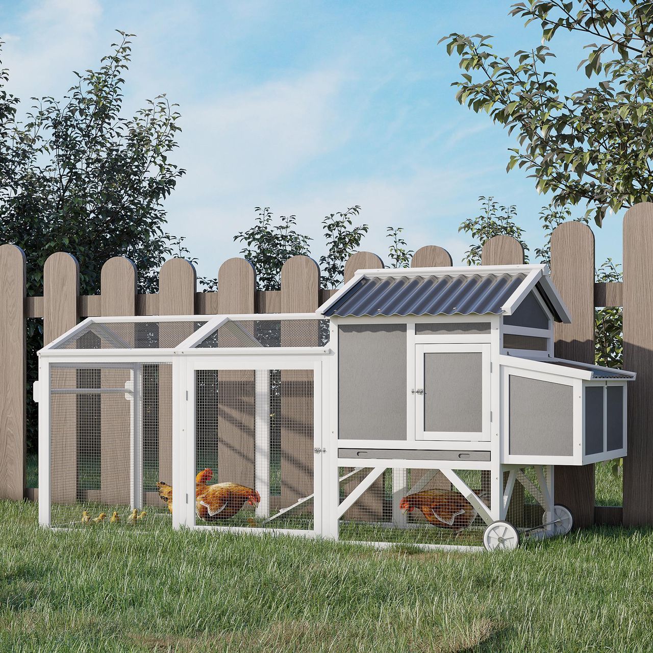 PawHut Hühnerstall Hühnerhaus mit Nistkasten Hühnervoliere mit Rädern und Griff Gehege Geflügelstall winterfest Tannenholz PVC Grau Weiß 247 x 90 x 114 cm
