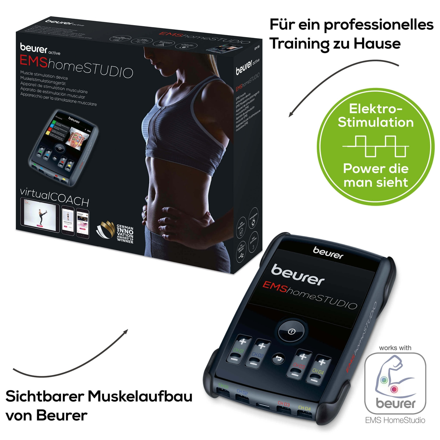 Beurer High End EMS-Gerät EM 95 <i>Bluetooth</i>®-High-End-EMS-Trainer mit Virtual Coach, 4 Manschetten & 8 Elektroden