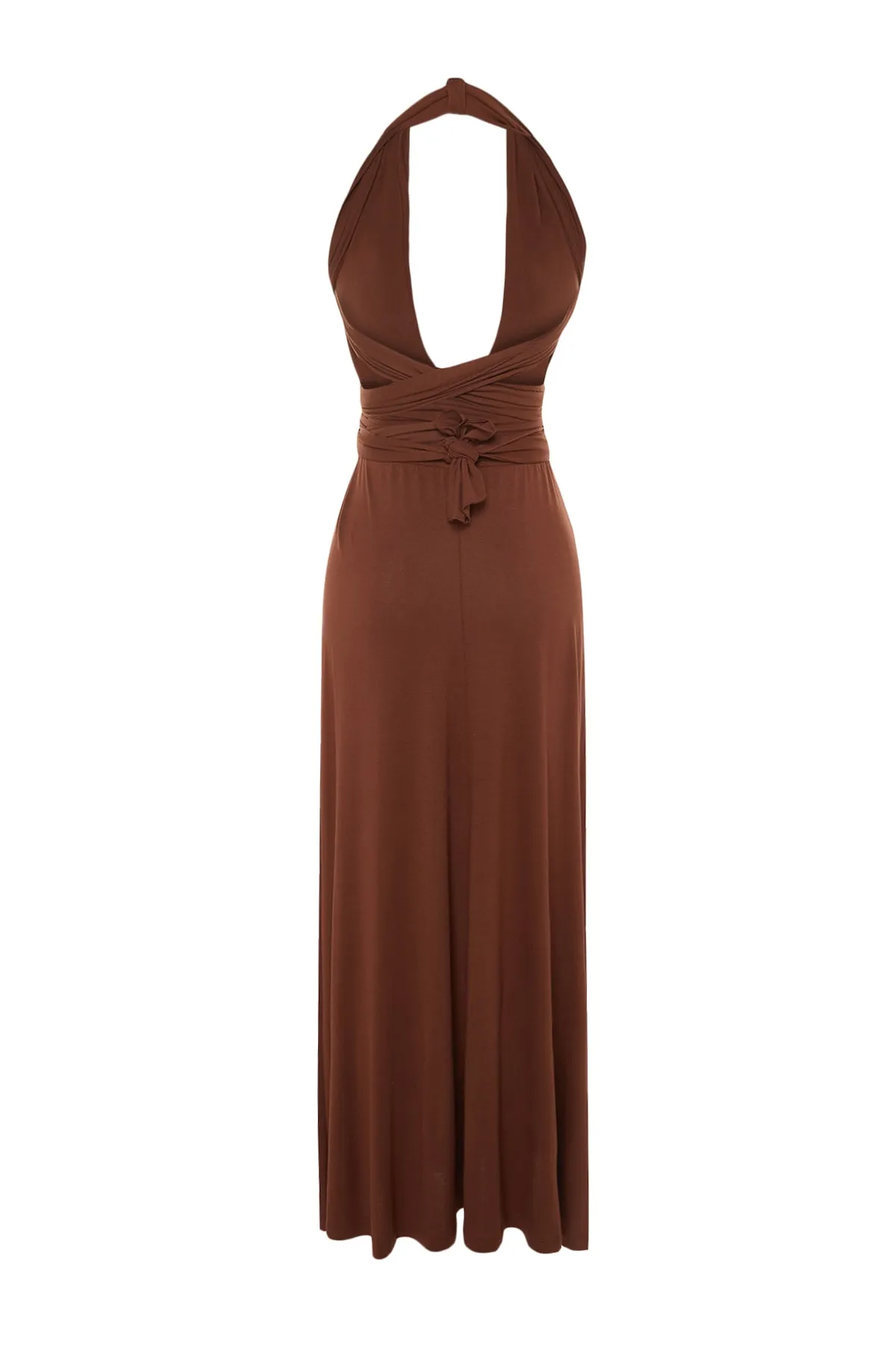 Trendyol Collection  Braunes Maxi-Strandkleid mit gestrickter Krawatte und Gürtel TBESS21EL2992