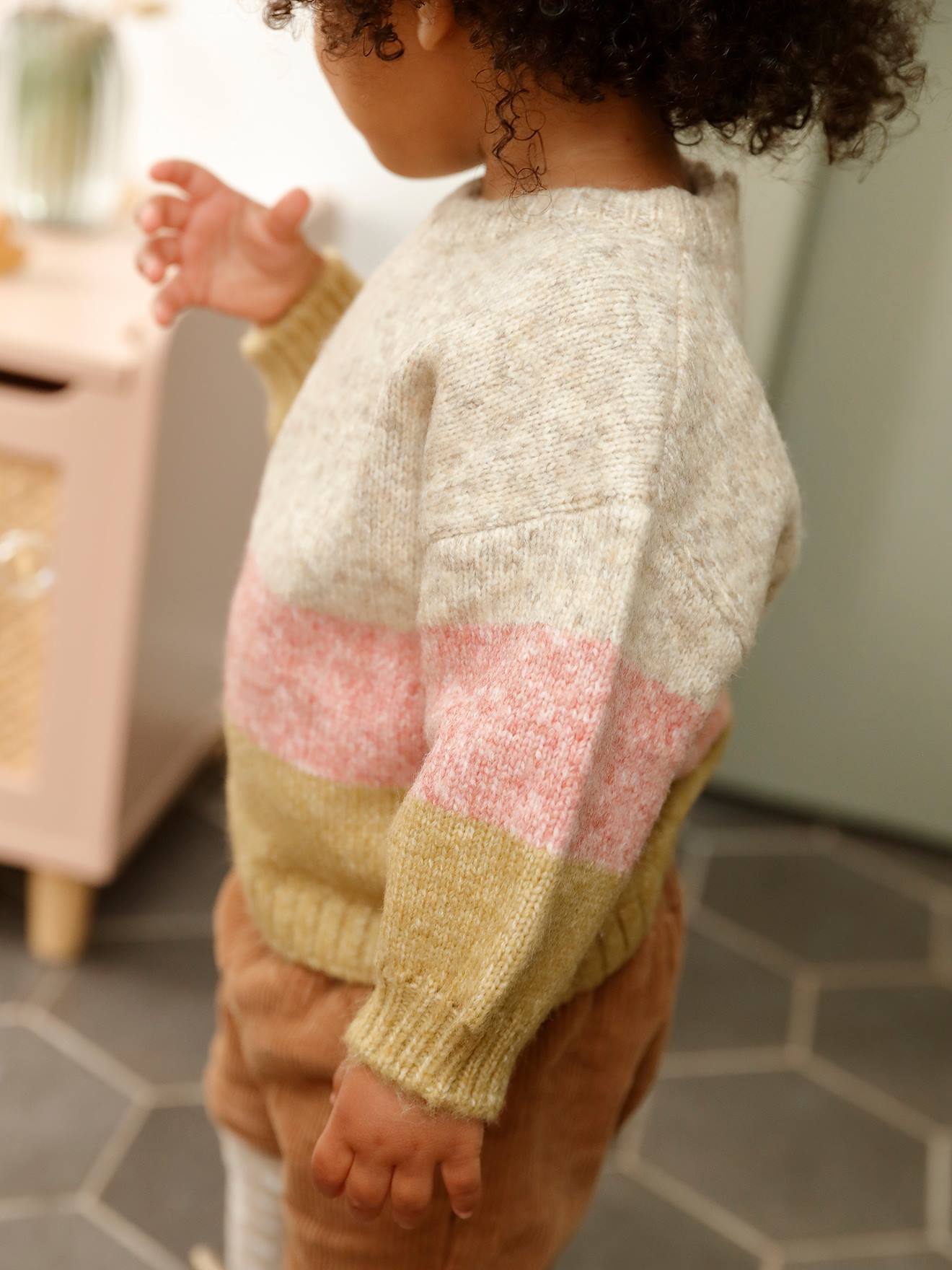 Pull tricot rayures larges bébé beige rosé