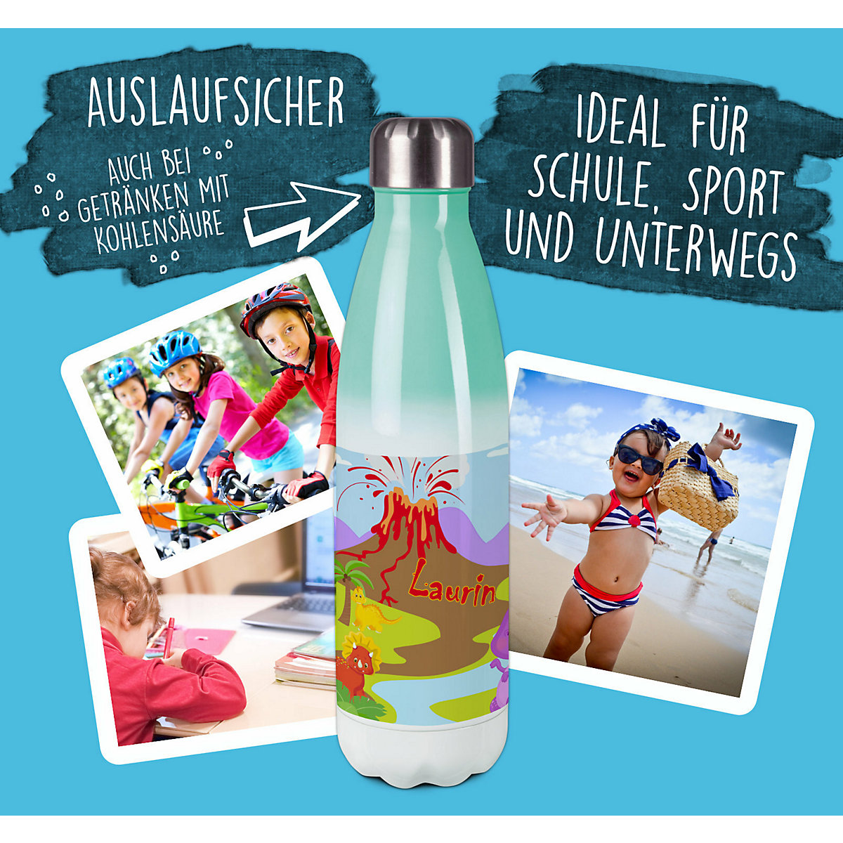 Edelstahl Kinder Thermoflasche / Trinkflasche bunt Dino Spülmaschinenfest, Auslaufsicher, Bruchfest, Doppelwandig, Für Heißgetränke geeignet, Mit Deckel, Isoliert