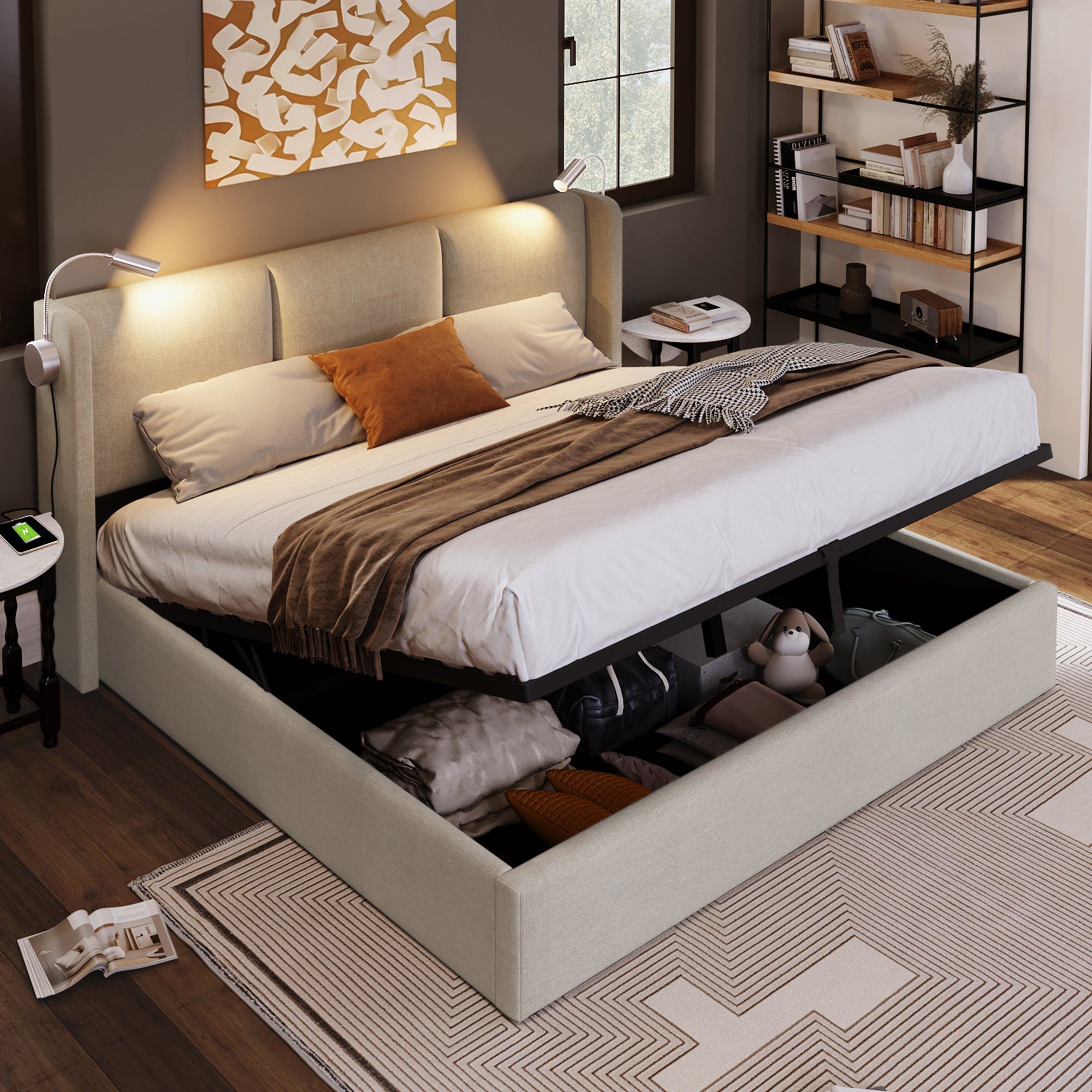 Ulife Polsterbett Beige Doppelbett Hydraulisches Stauraumbett Leinen 140x200, 160x200cm, Leselicht mit USB Ladefunktion Kopfteil