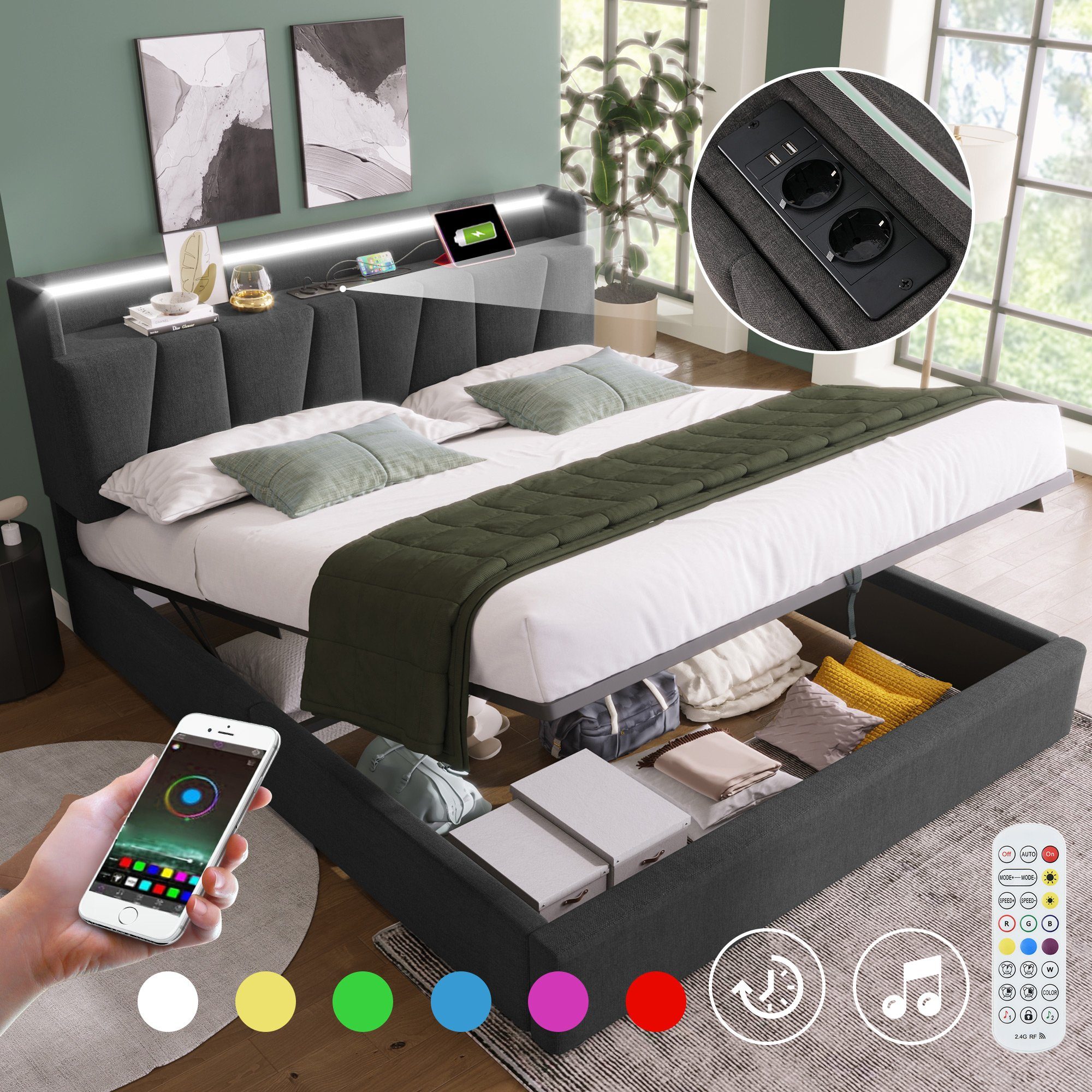 OKWISH Polsterbett Doppelbett (mit aufladen USB Ladefunktion Stauraum-Kopfteil, LED-Beleuchtung), 160x200cm Ohne-Matratze Stauraumbetten Bettgestell