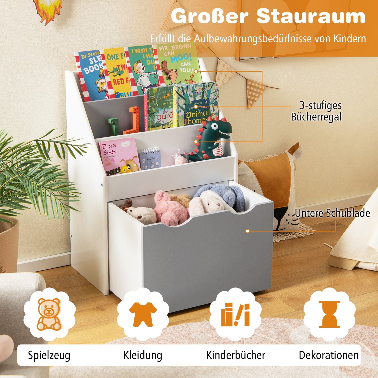 COSTWAY Bücherregal Kinderregal, mit 3 Ablagen & Spielzeugkiste