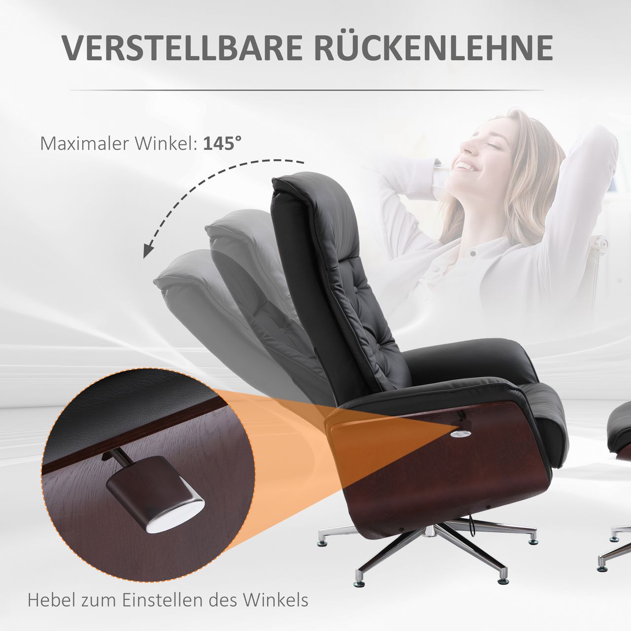 HOMCOM Relaxsessel mit Hocker Fernsehsessel Polstersessel 360° drehbar 145° neigbar Chesterfield PU-Bezug Holzverkleidung Metallfuß Schwarz 82 x 83 x 110 cm
