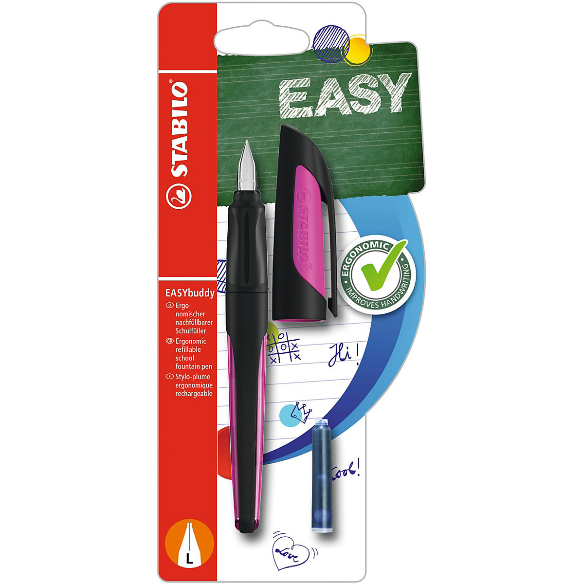 Schulfüller EASYbuddy L-Feder Linkshänder schwarz/magenta, inkl. Patrone