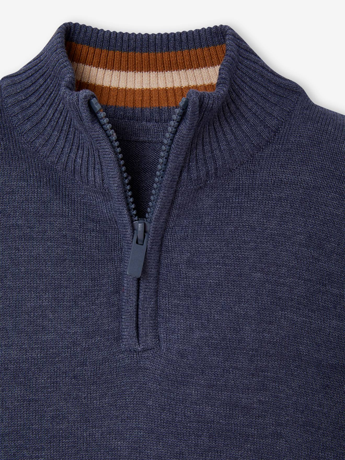 Pull col montant zippé garçon bleu chiné