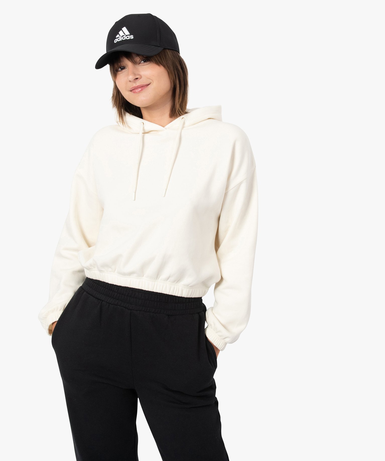 Sweat femme court à capuche ecru | GEMO