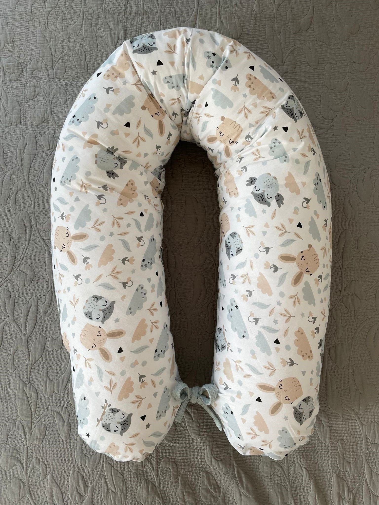 Loolay Stillkissen Waffelpique Seitenschläferkissen XXL Schwangerschaftskissen 170 cm, Stillkissen + Bezug (Reißverschluss); Attmungsaktive WAFFEL + GLATT Baumwolle WEICH Stillkissen MUSTERN: HASE Beige/ GRAU, MINZE, WEIß, ROSA, Hochwertiges PREMIUM