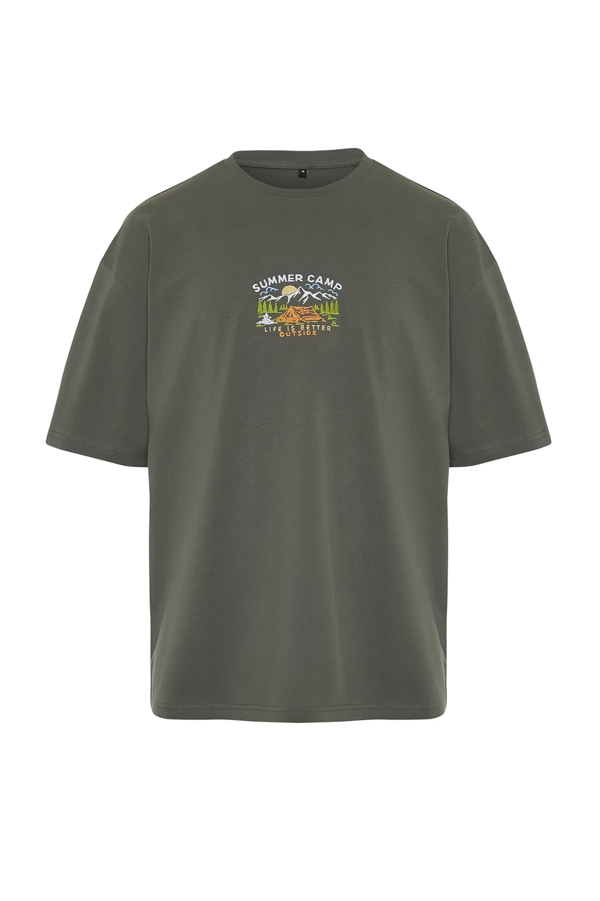 Trendyol Collection  Anthrazitfarbenes, übergroßes/weit geschnittenes, kurzärmliges, landschaftlich besticktes T-Shirt aus 100 % Baumwolle TMNSS23TS00243