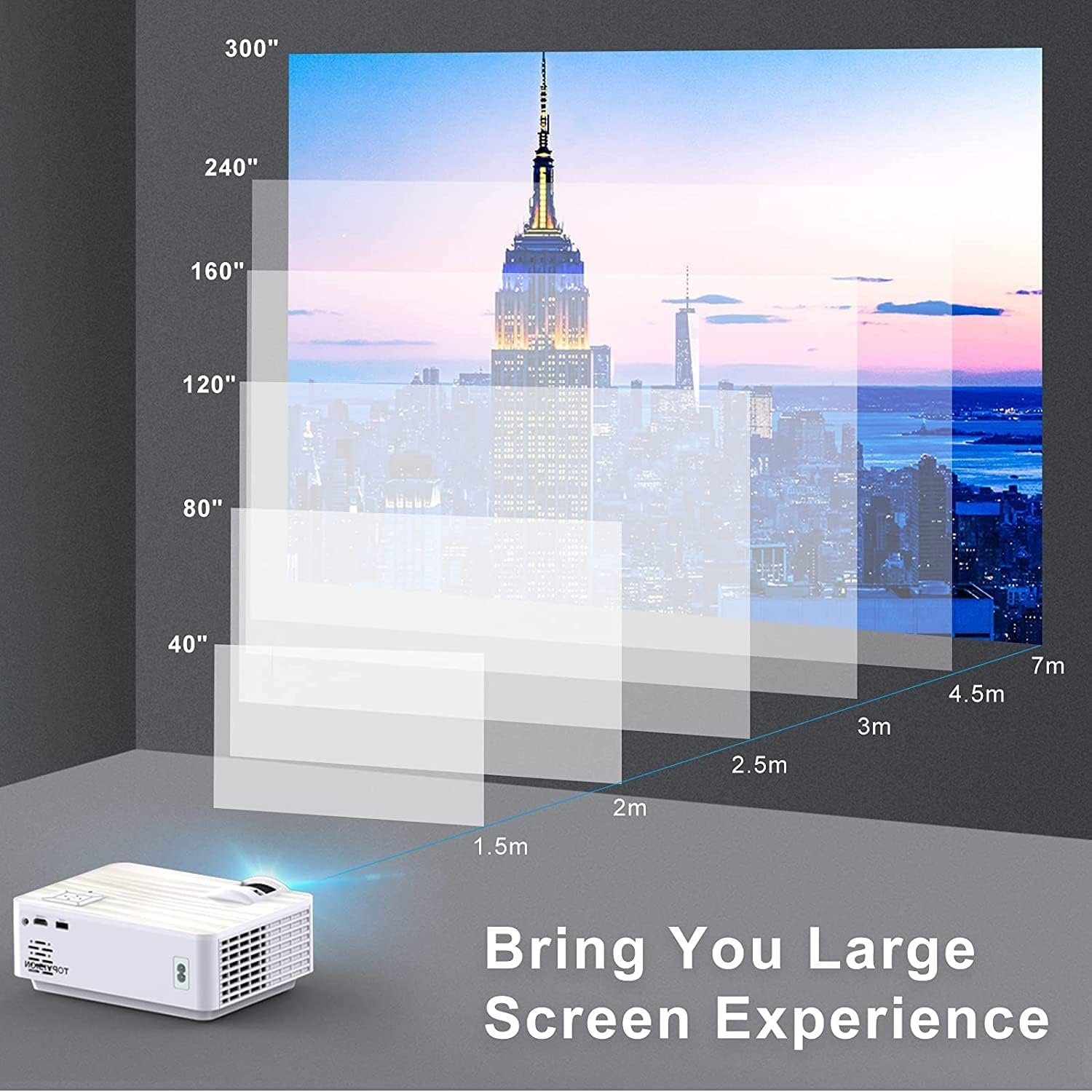 TOPVISION Native Heimkino Beamer Unterstützt 1080P Full HD Portabler Projektor (7000 lm, 9000: 1, 1280 x 720P, px, mit 300'' Display 120000 Stunden LED Projektor Kompatibel mit HDMI/USB)
