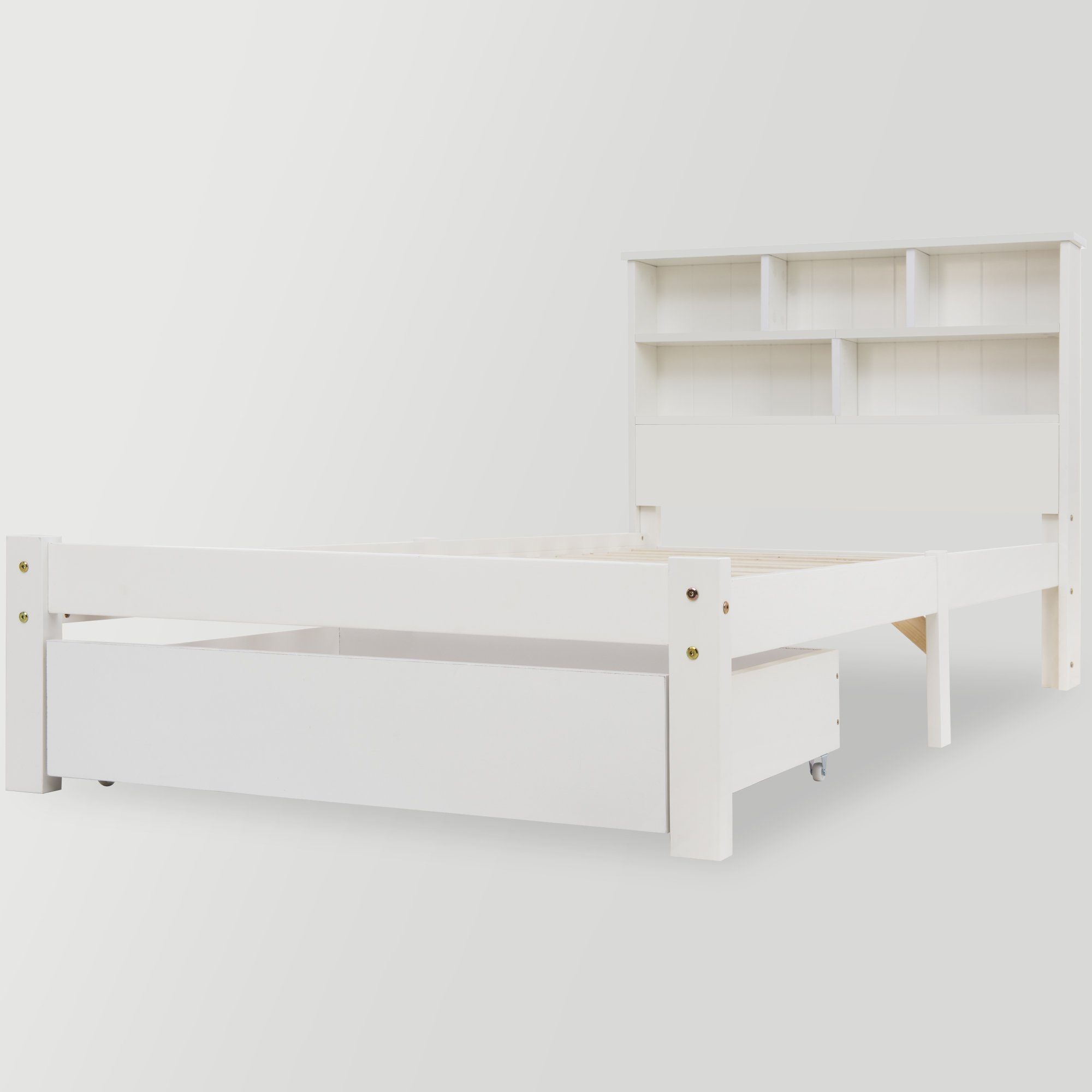 HAUSS SPLOE Holzbett Doppelbett Jugendliche und Erwachsene Kinderbett (Einzelbett oder Doppelbett, mit großer Schublade und Bücherregal Kopfteil), aus Massivholz Kiefer, Weiß, ohne Matratze, 90× 200 cm oder 140× 200 cm