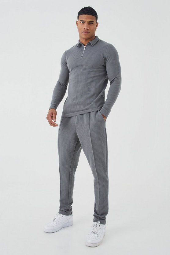 Langärmliges Muscle-Fit Jacquard-Poloshirt & Jogginghose