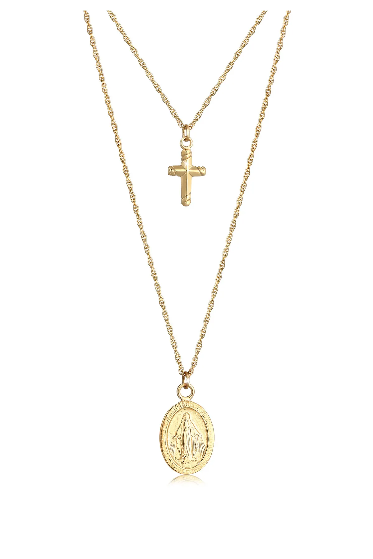 ELLI  Halskette Layering Kreuz Marienbild Zweireihig 925 Silber