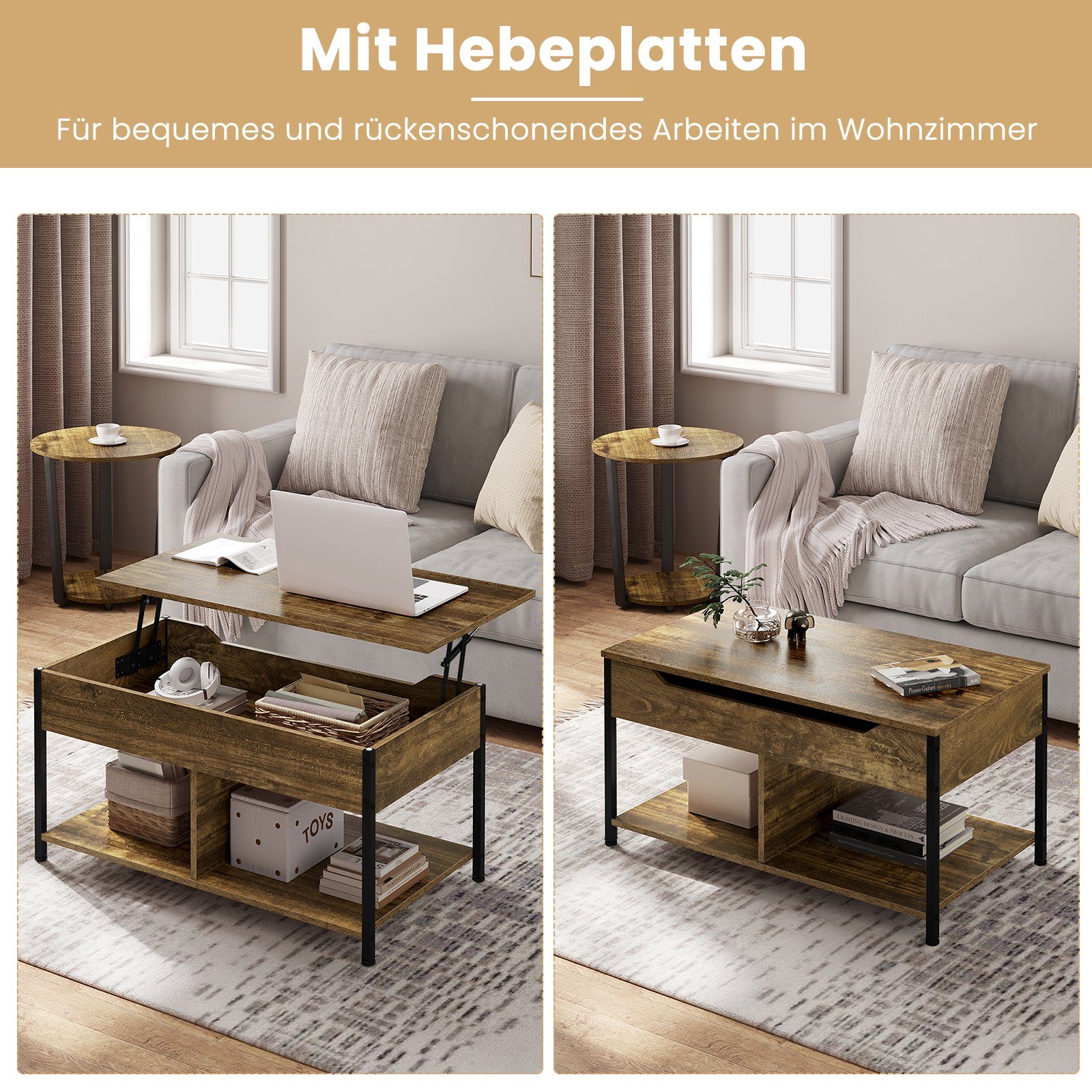 Woltu Couchtisch (1-St), offener und versteckter Stauraum, höhenverstellbar