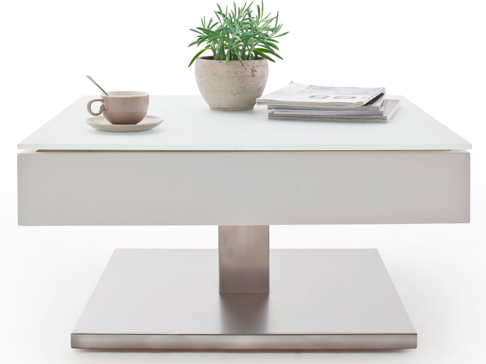 möbelando Couchtisch Marcie, Moderner Couchtisch aus MDF in Weiß matt lackiert, Deckplatte aus Sicherheitsglas, Sockel aus Metall in Edelstahl-Optik gebürstet mit MDF Kern. Breite 75 cm, Höhe 38 cm, Tiefe 75 cm