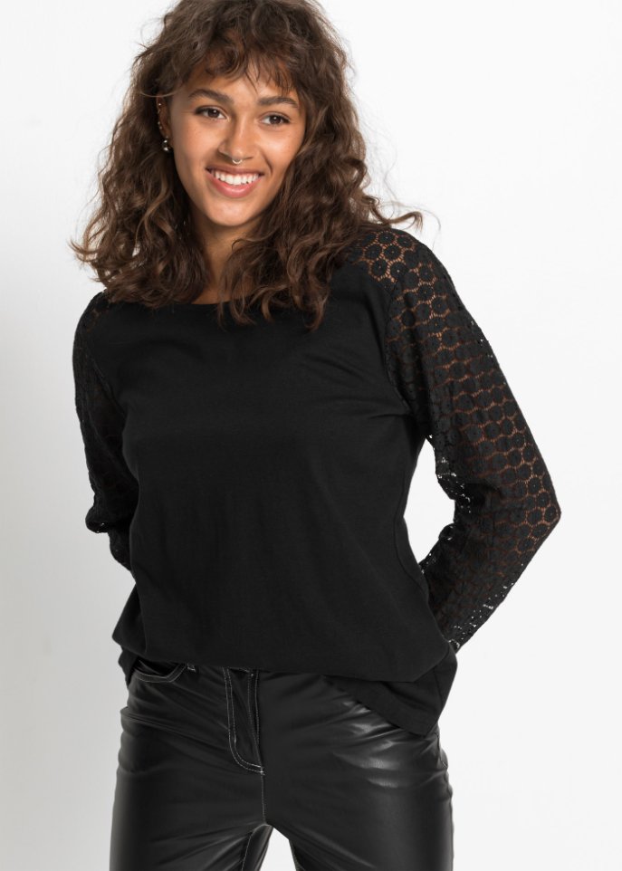 Shirt aus Flammgarn mit Ärmeln aus Spitze