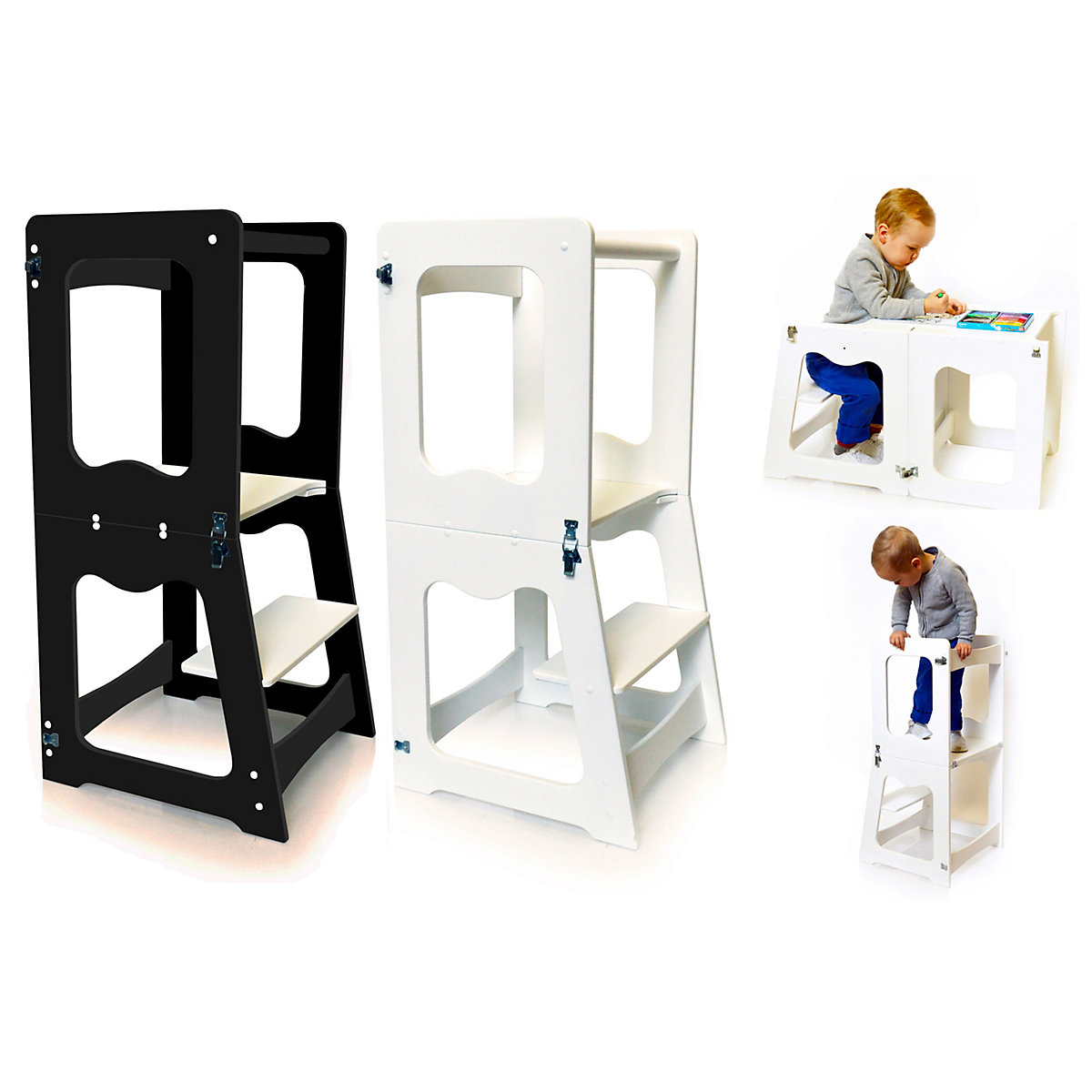 2in1 klappbarer Lernturm, Küchenhelferturm, Tischgruppe, Hocker, Lerntower, Lernstuhl, Möbel nach Montessori Art