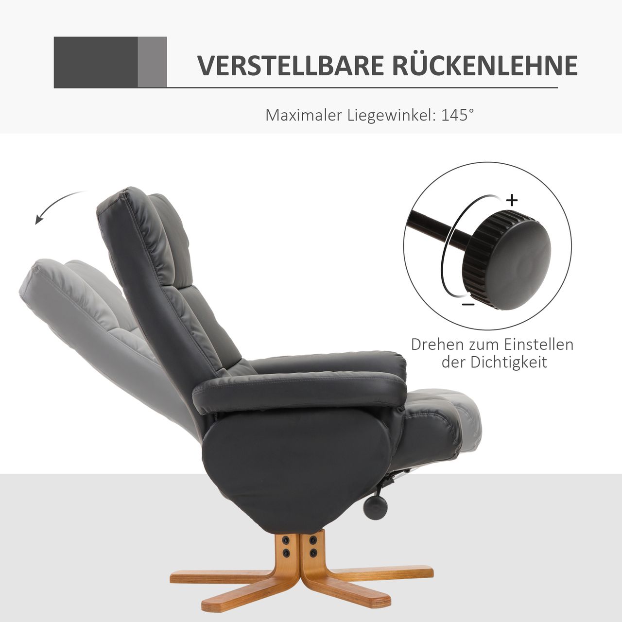 HOMCOM Relaxsessel Fernsehsessel 360° drehbarer Sessel mit Hocker Liegefunktion Holzgestell Schwarz 80 x 86 x 99cm