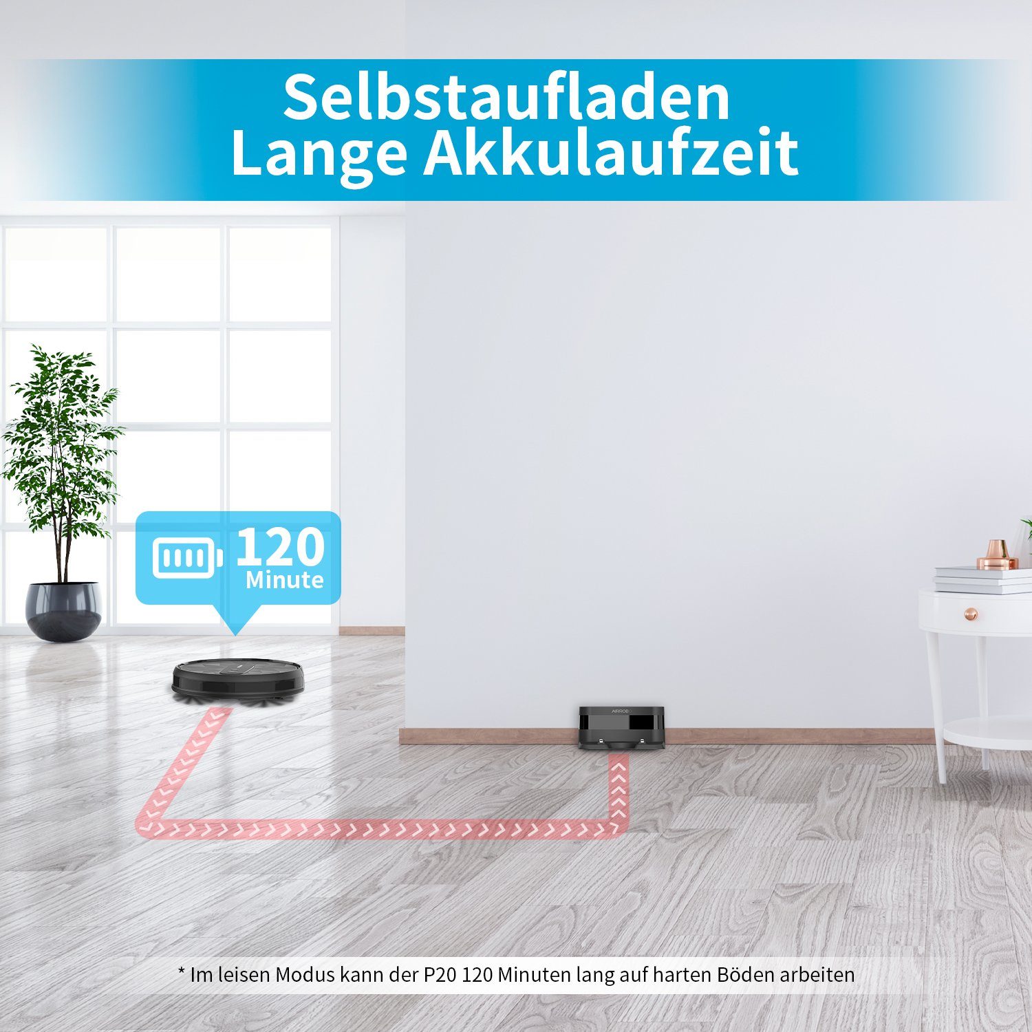 AIRROBO Saugroboter P20 2800Pa, 120Minuten Laufzeit,App,leise,für Tierhaare, harte Böden, beutellos, Teppiche mit niedrigem Flor, selbstaufladender
