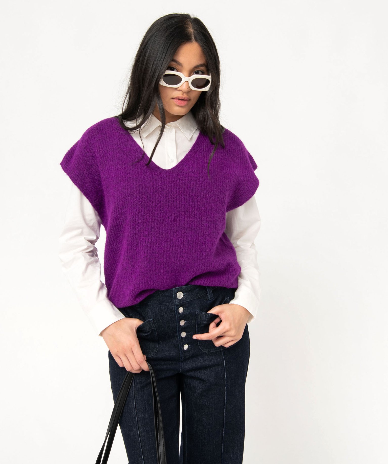 Pull femme sans manches avec col V violet | GEMO