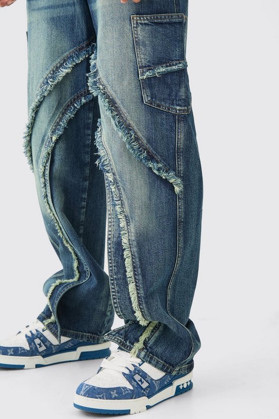 Lockere zerrissene Cargo-Jeans in Mittelblau