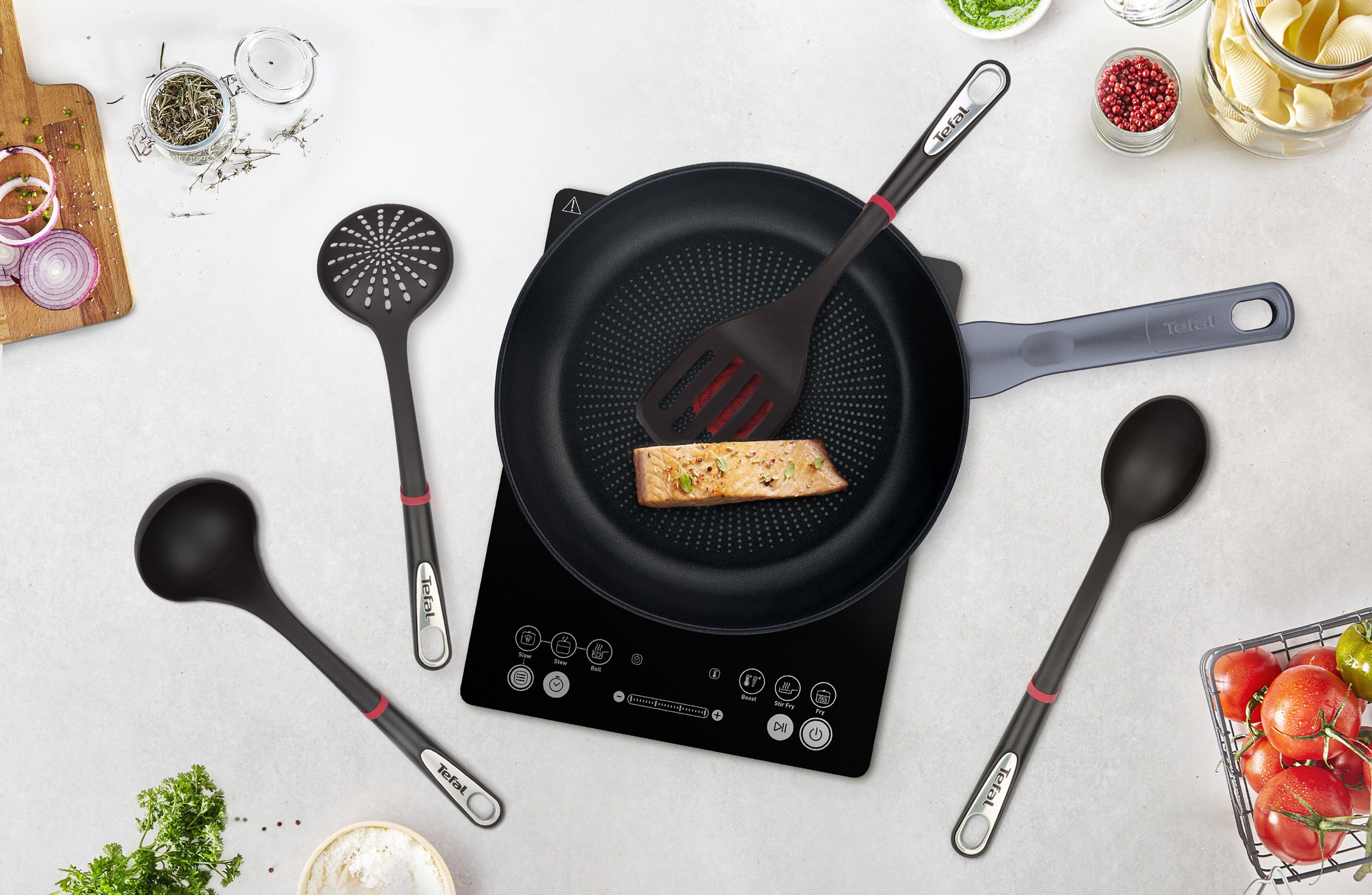 Tefal Kochbesteck-Set Ingenio (Set, 4-tlg), Passierlöffel/Kochlöffel/Pfannenwender/Schöpfkelle, spülmaschinenfest