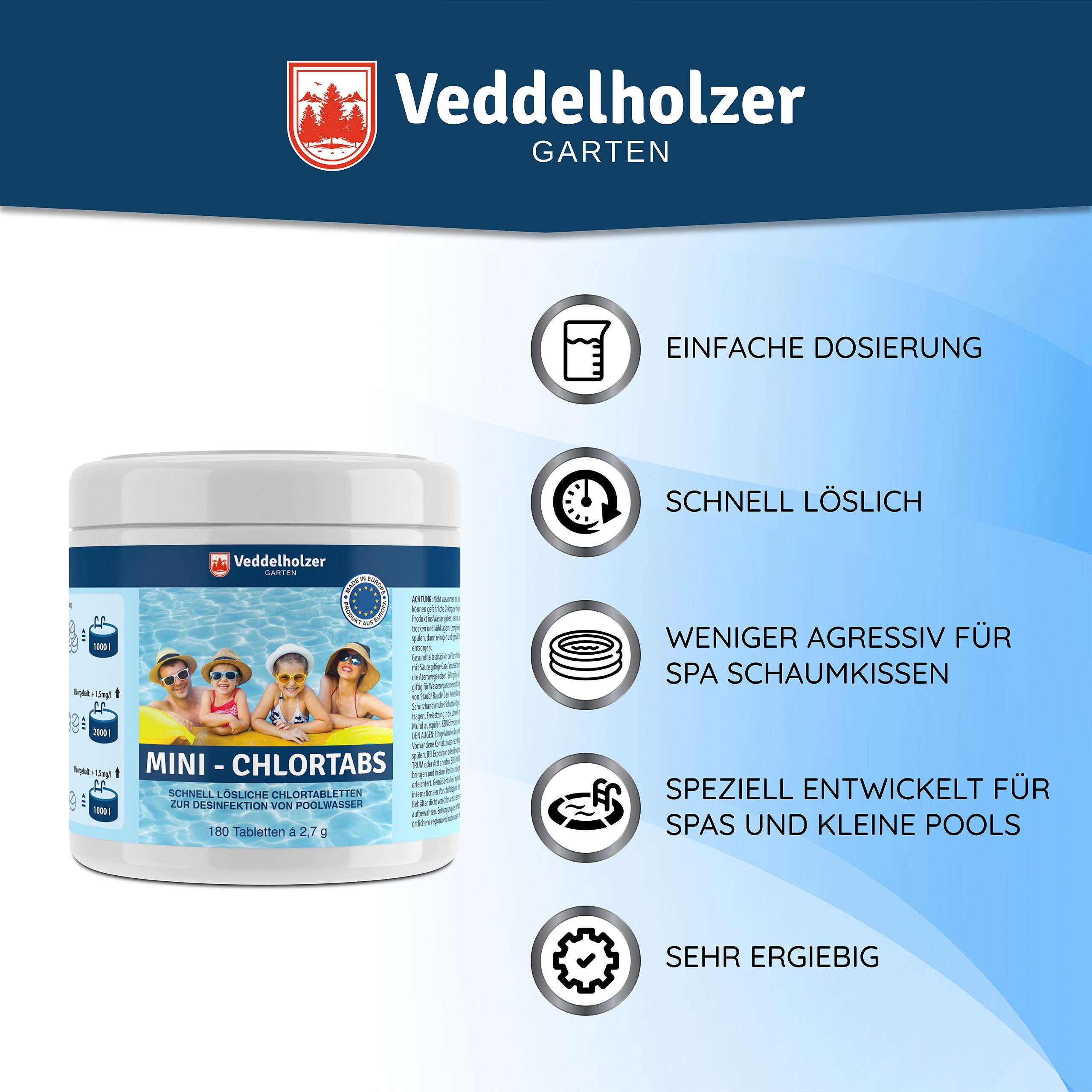 Veddelholzer Garten Chlortabletten 180 Chlor Mini Tabs Pool Zubehör Whirlpool Wasserpflege Desinfektion, 488g