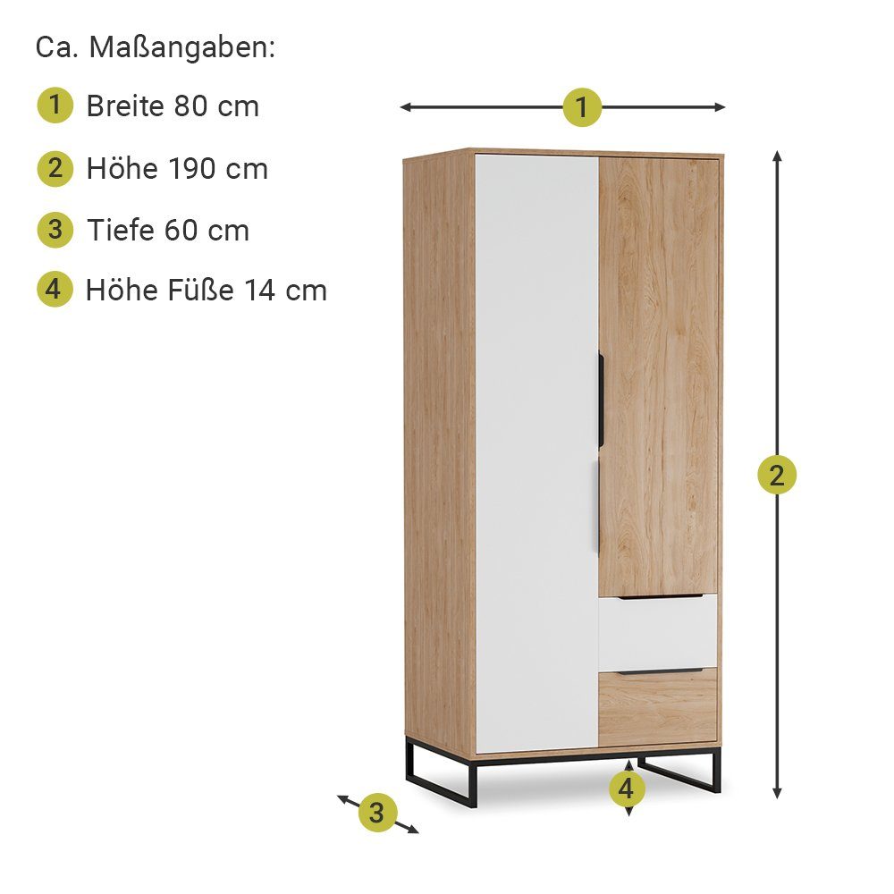 Lomadox Jugendzimmer-Set LUZZI-132, (Sparset, 4-tlg), Eiche Nb. mit weiß, Kleiderschrank, Nachttisch, Bett, Kommode