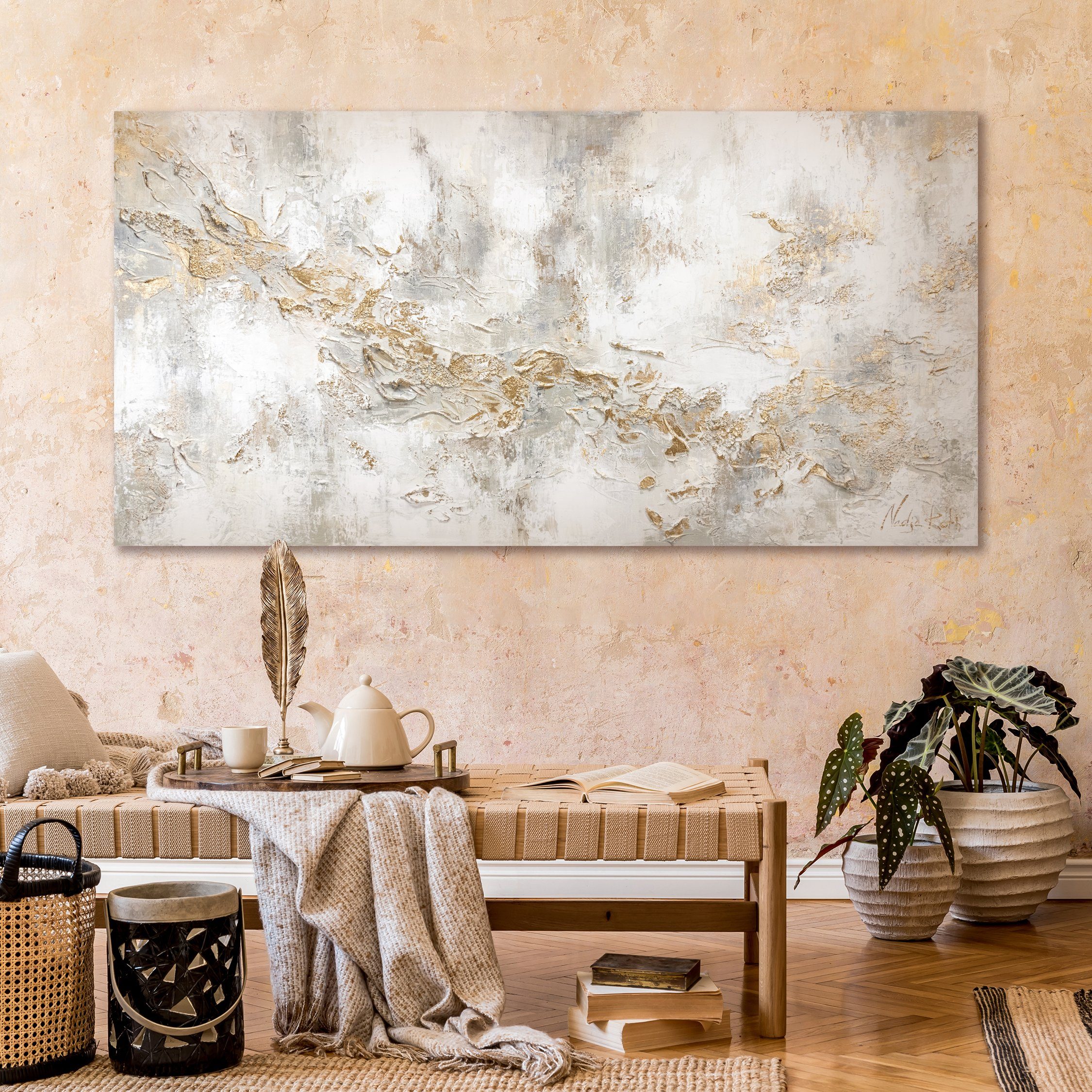 YS-Art Gemälde Geschichte, Abstrakte Bilder, Leinwand Bild Handgemalt Gold Weiß Beige Gelb