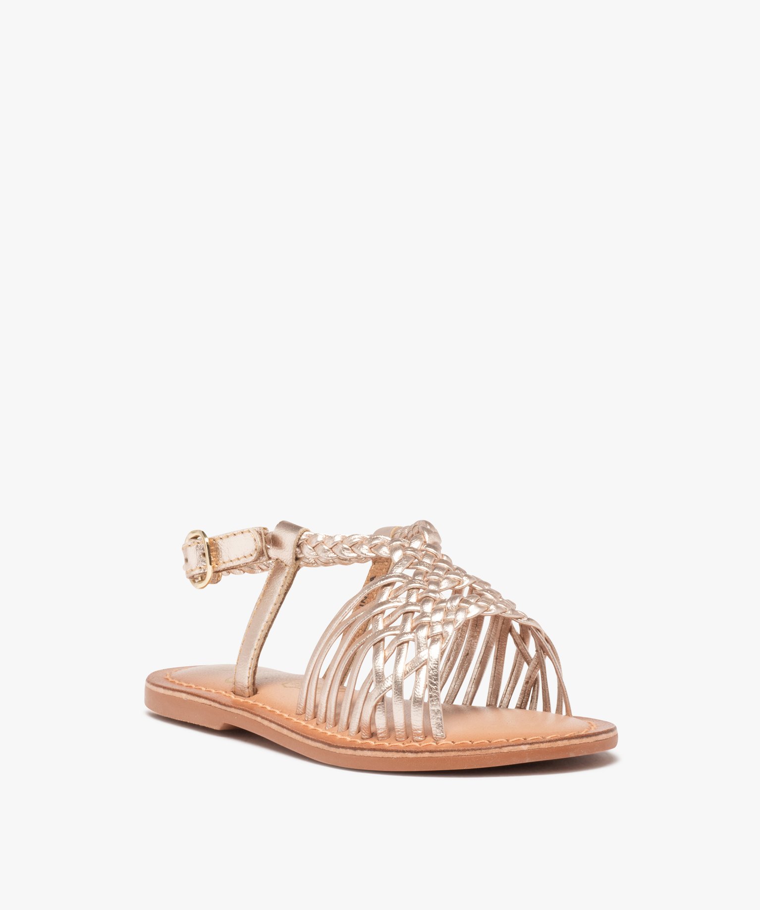 Sandales fille à fines brides en cuir tressées métallisées or | GEMO