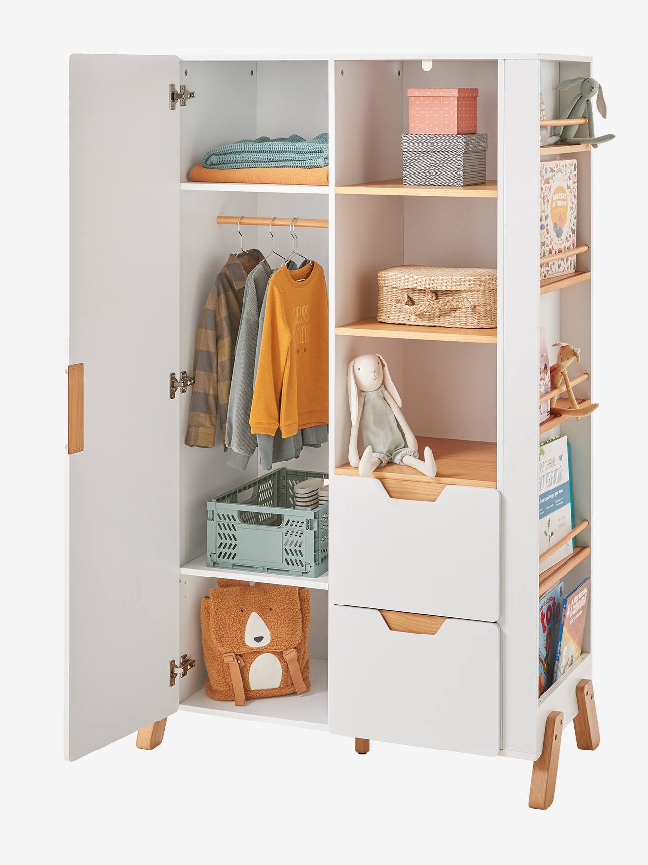 Vertbaudet Kinder Kleiderschrank PIROUETTE mit Bücherregal - weiß