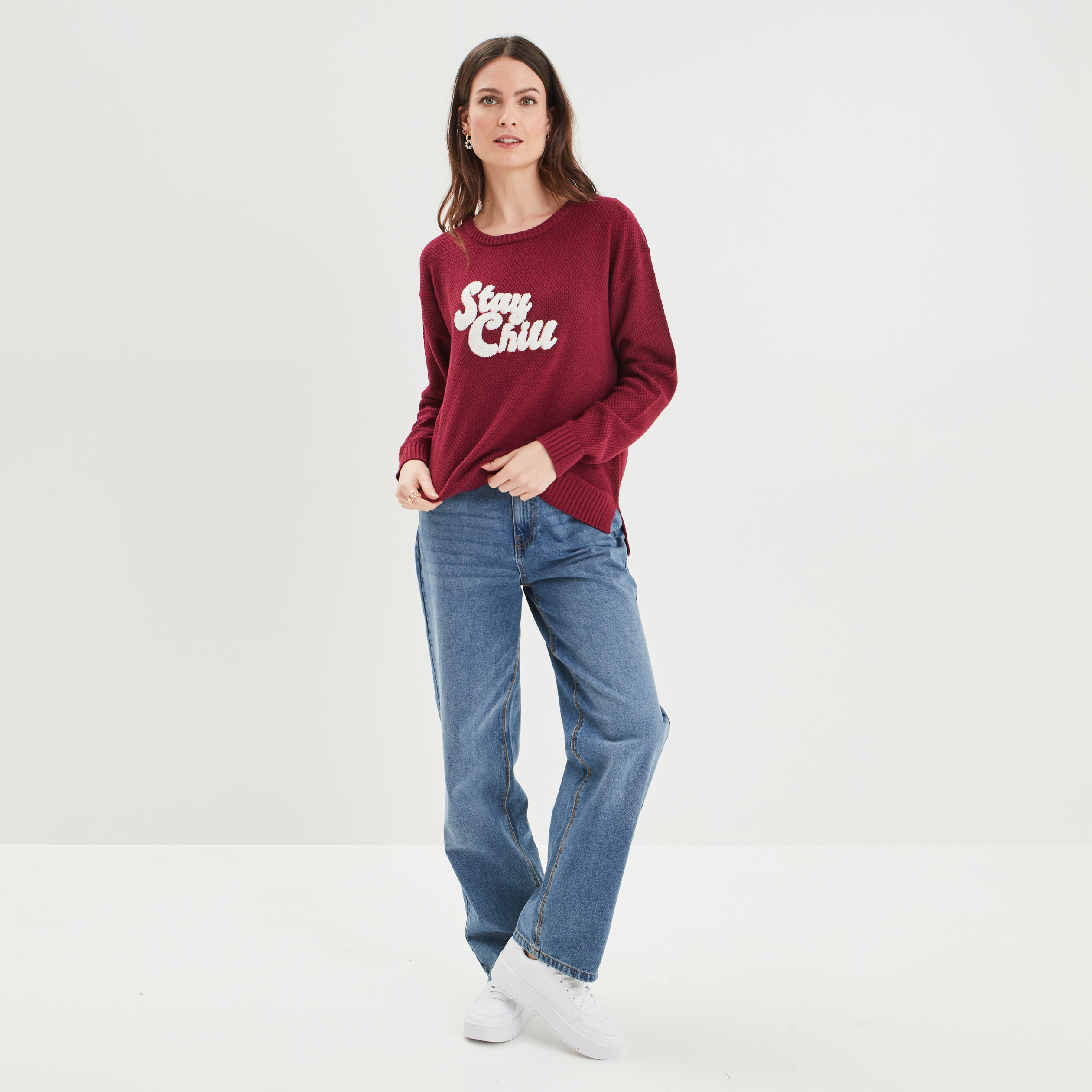 Pull col rond bordeaux femme | La Halle