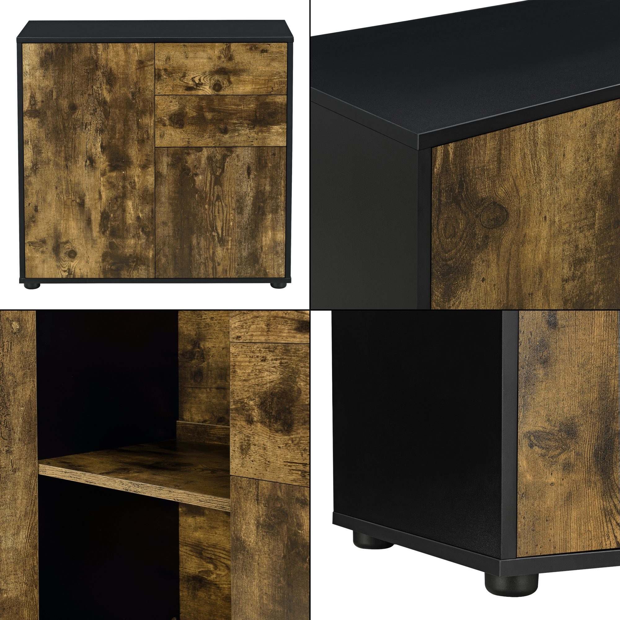 en.casa Sideboard, Paarl Kommode, 2 Türen, Schwarz/Eiche Dunkel