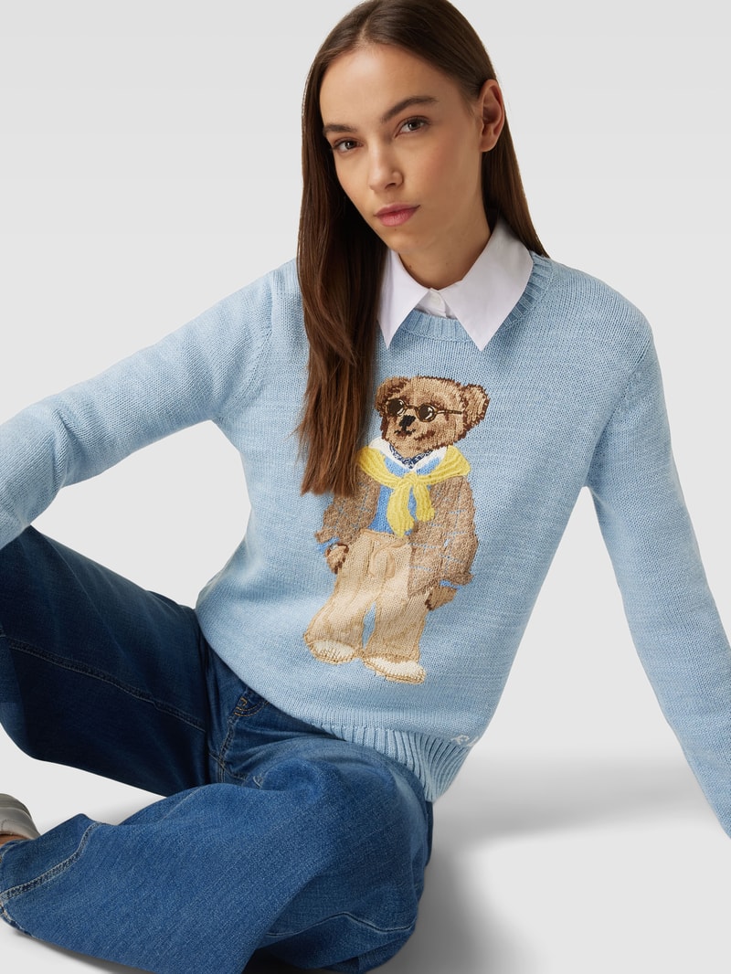 Strickpullover mit Motiv- und Label-Stitching in hellblau