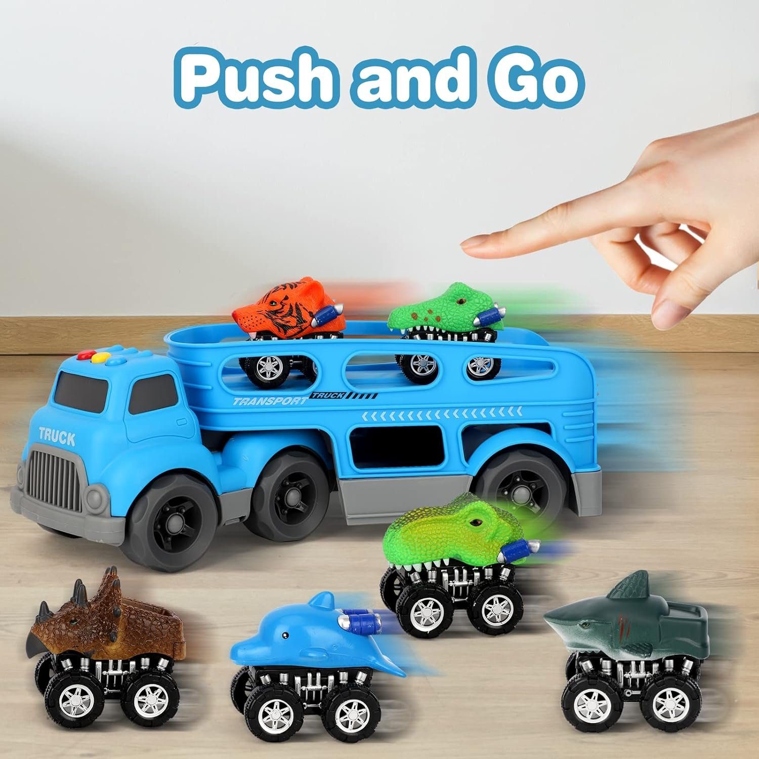 Wenta Spielzeug-LKW Kinder Spielzeugauto-Set mit Musik & Licht, (7-tlg., Spielzeug LKW mit 6 Dinosaurier Autos), Transportwagen Spielzeug für Kinder von 3-5 Jahren