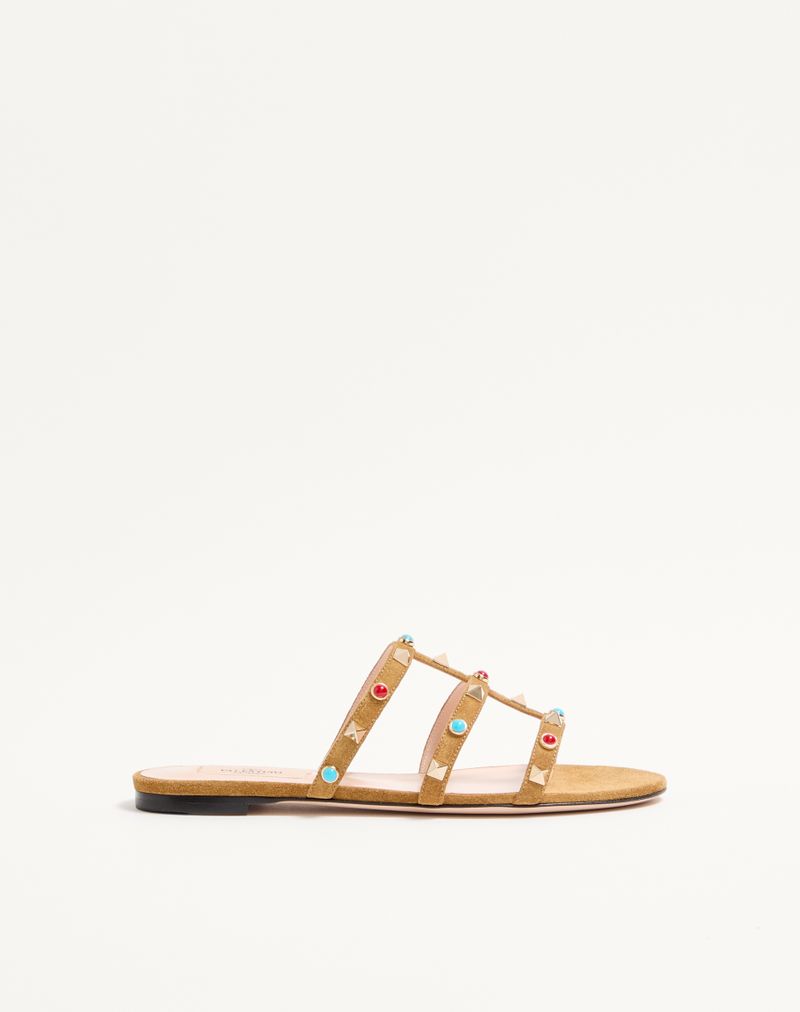 Rockstud Slide Sandal van splitleer met cabochonstenen
