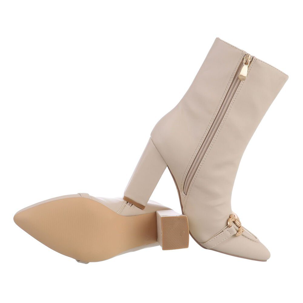 Ital-Design Damen Elegant High-Heel-Stiefelette Blockabsatz High-Heel Stiefeletten in Beige
