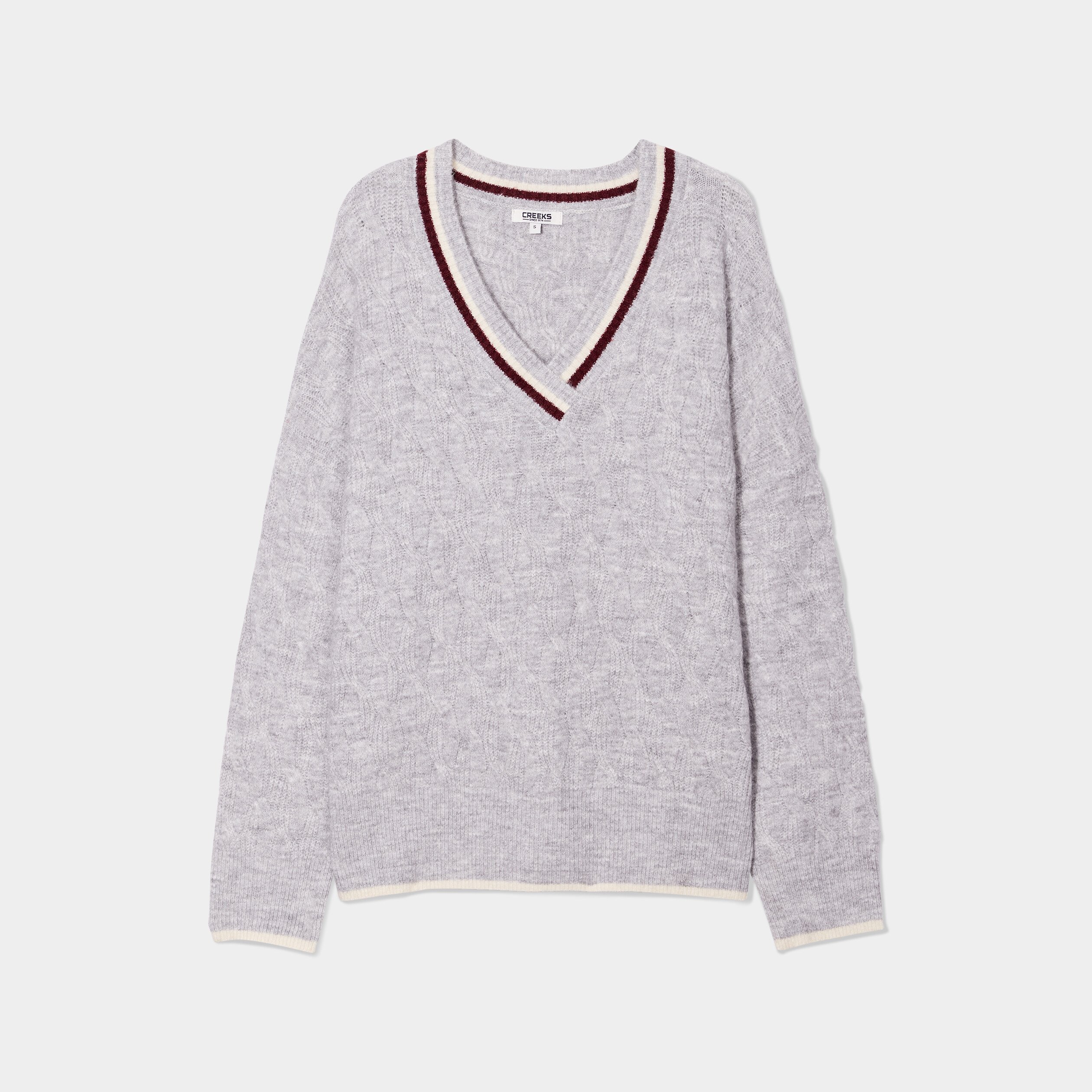 Pull col en V à torsades Creeks gris clair femme | La Halle
