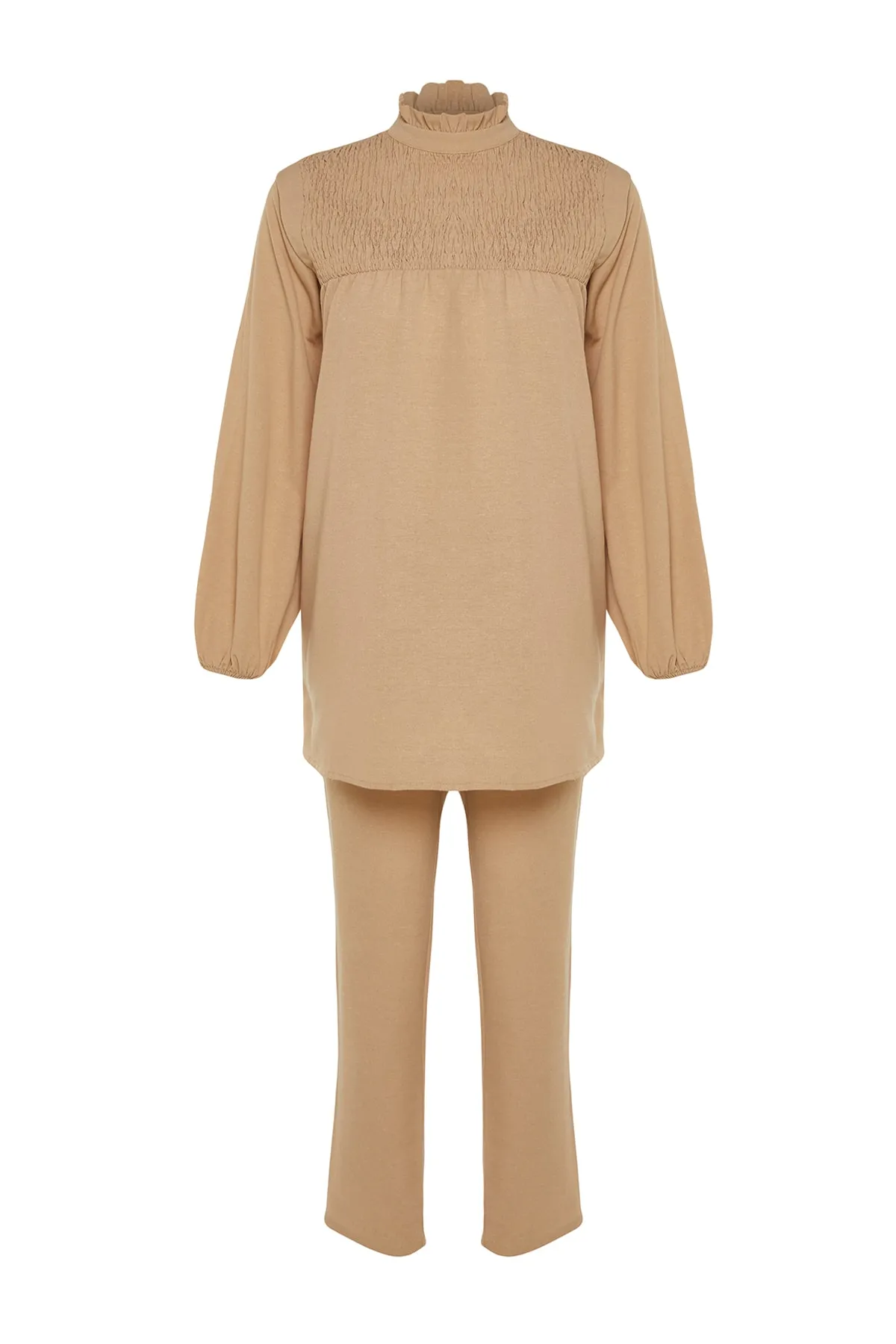 Trendyol Modest  Beiges Tunika-Hosen-Set mit Gipe-Detail in Leinenoptik TCTSS23US00075