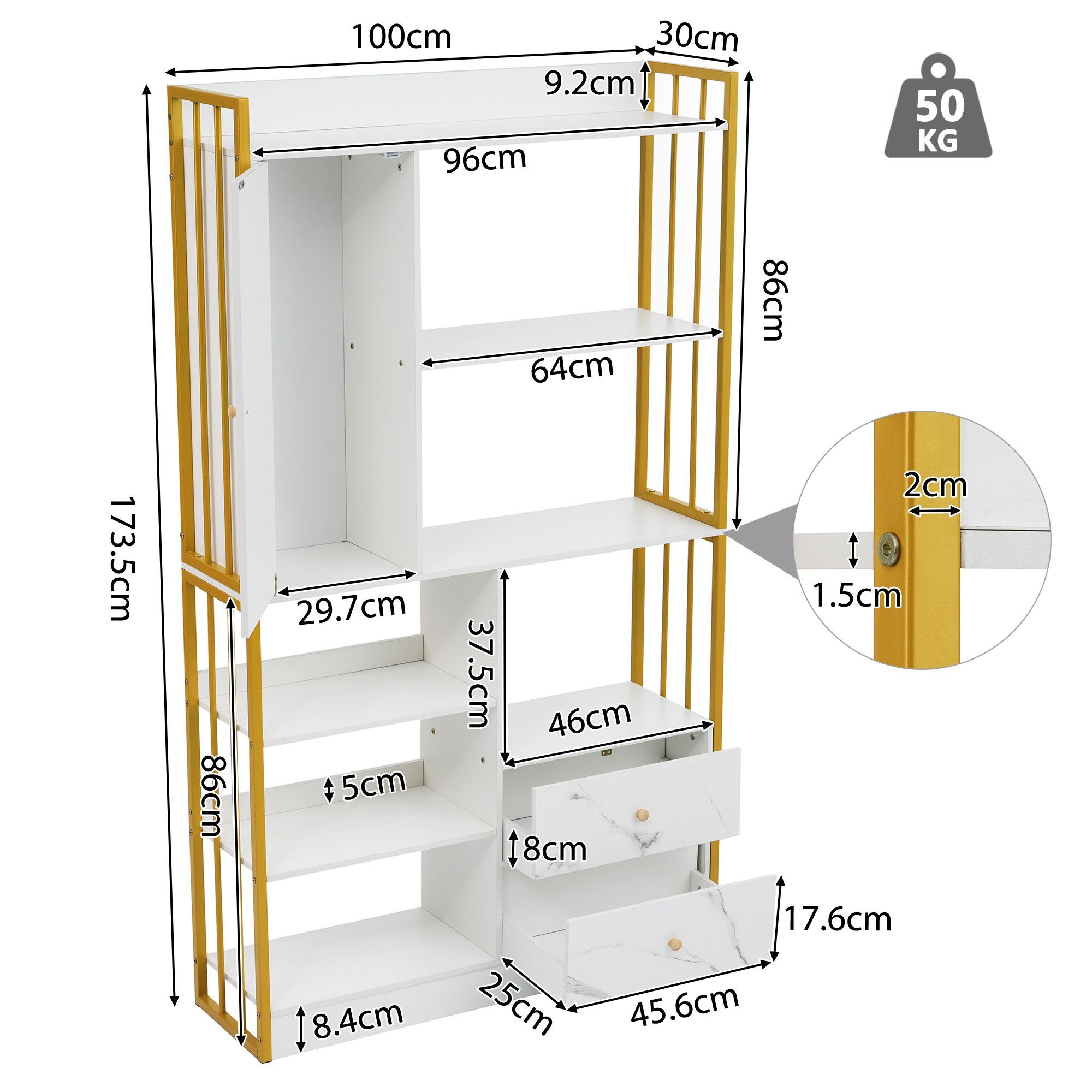 OKWISH Bücherregal 6 Regal Standregal, mit Türen und Schubladen, Boden bis zur Decke Bücherregal, industrielle Bücherregal, Stahlregal, 6 Regal