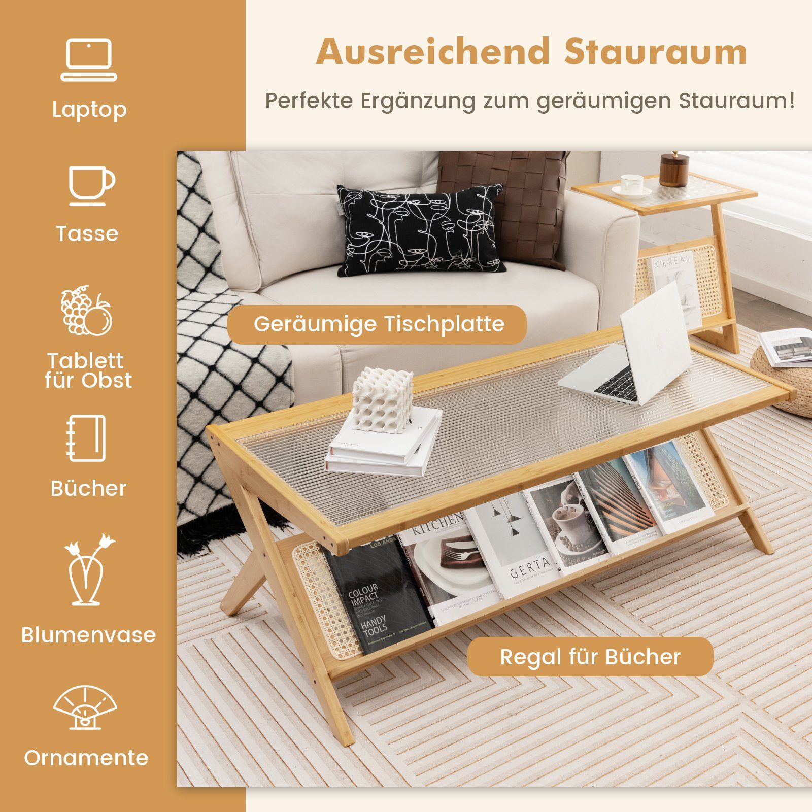 COSTWAY Couchtisch, mit Glastischplatte&Rattan-Ablagefach, Bambus, rechteckig