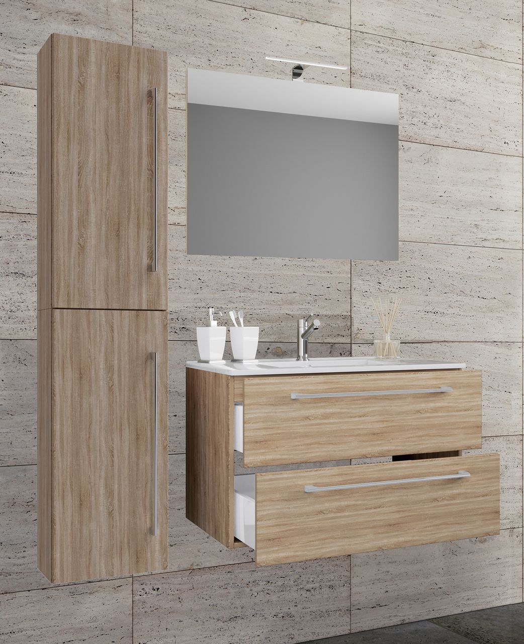 VCM 4-tlg. Waschplatz Badinos 60 cm Spiegel   Hochschrank Sonoma-Eiche