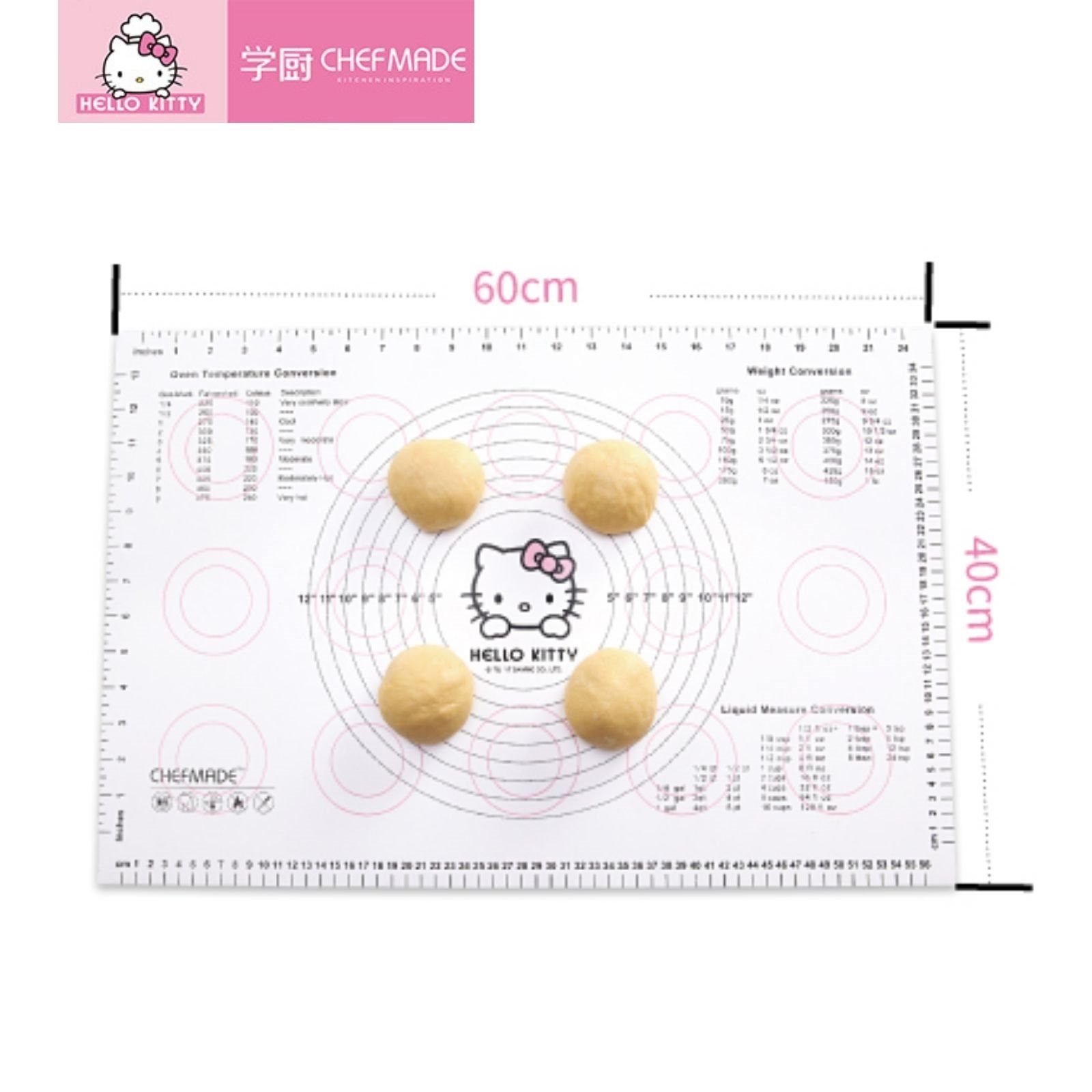 Chefmade Backmatte Ausrollmatte für Teig mit Messskalen antihaft, Silikon (CHEFMADE, HELLO KITTY, Pink, 600x400mm, Silikon-Backmatte, Teigunterlage mit Messskala, Silikonmatte, rutschfest, hygienisch, waschbar, antihaftbeschichtet, 1-tlg., Premium),