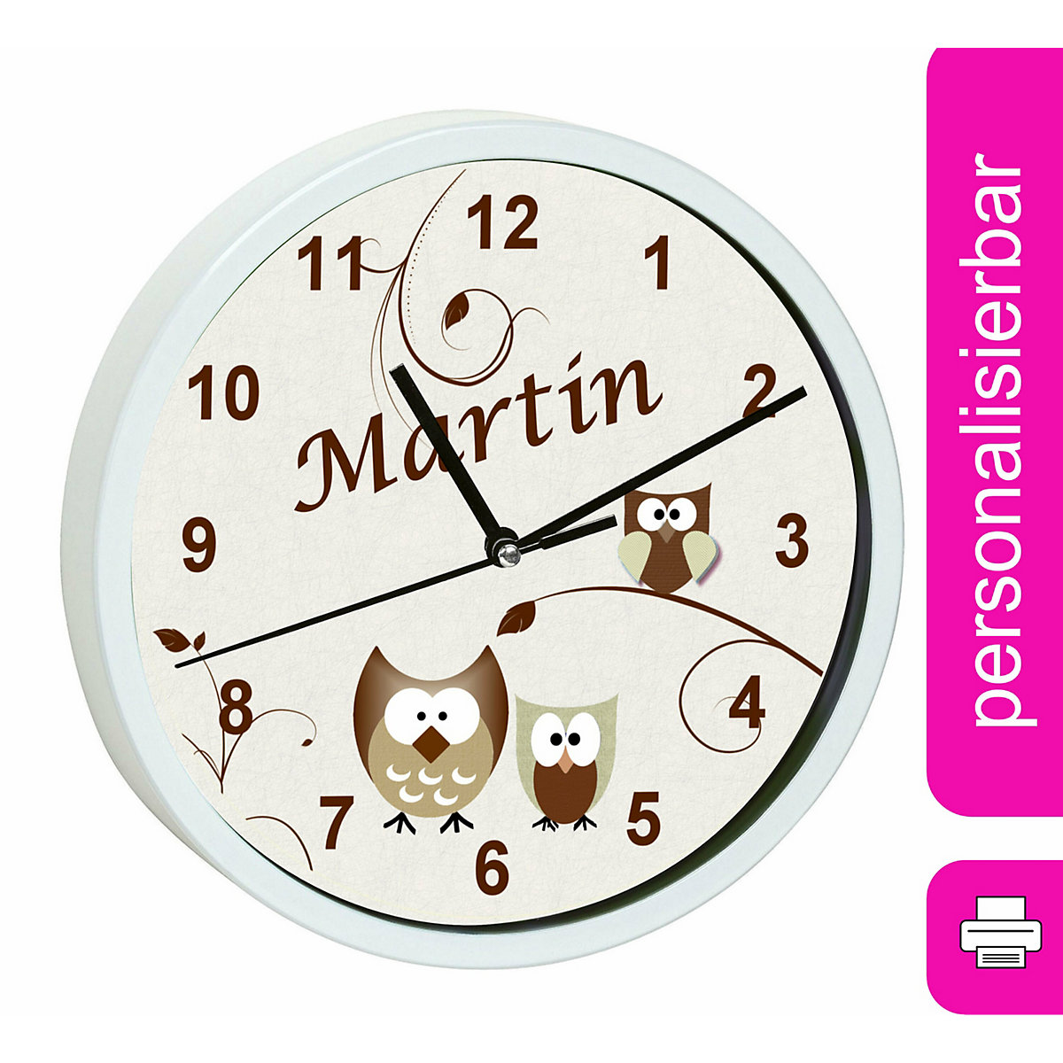 Kinder Wanduhr personalisiert mit Name Eule Beige