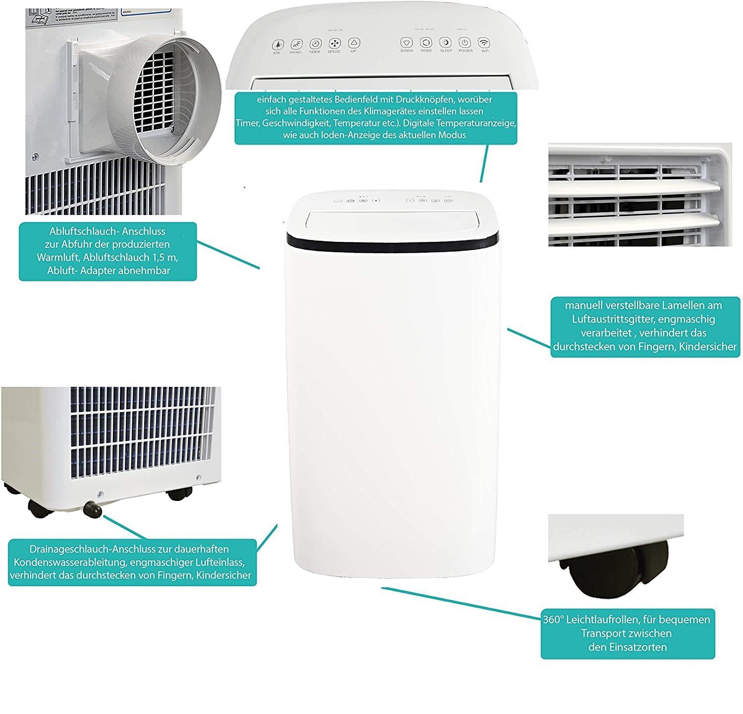 JUNG 3-in-1-Klimagerät TV08 mobile Klimaanlage mit Fernbedienung 4,7 KW, mobiles Klimagerät, 16000BTU leise, Abluftschlauch, Timer Airconditioner Luftkühler Mobil